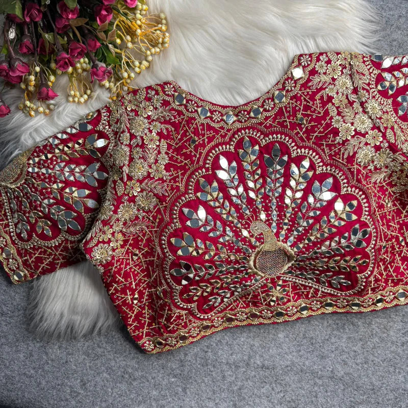 Red Designer Roman Silk Bridal Blouse with Mayur Mirror Work & Sequence Thread Work, Embroidery & Sequins