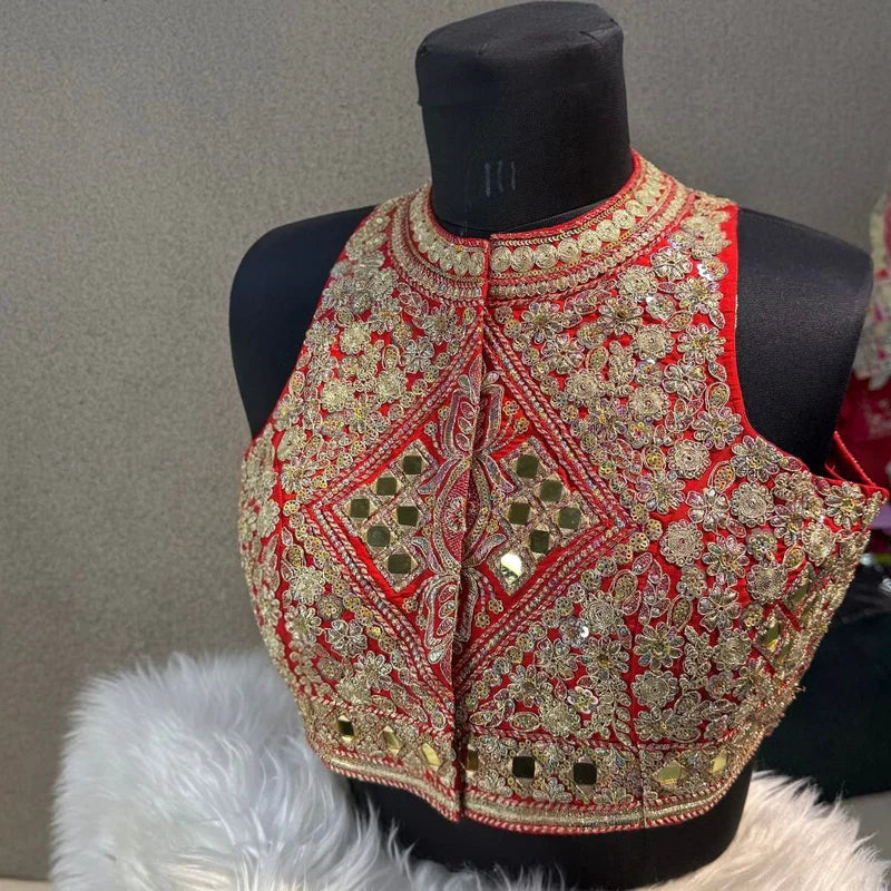 Red Designer Roman Silk Halter Neck Blouse with Real Mirror Work