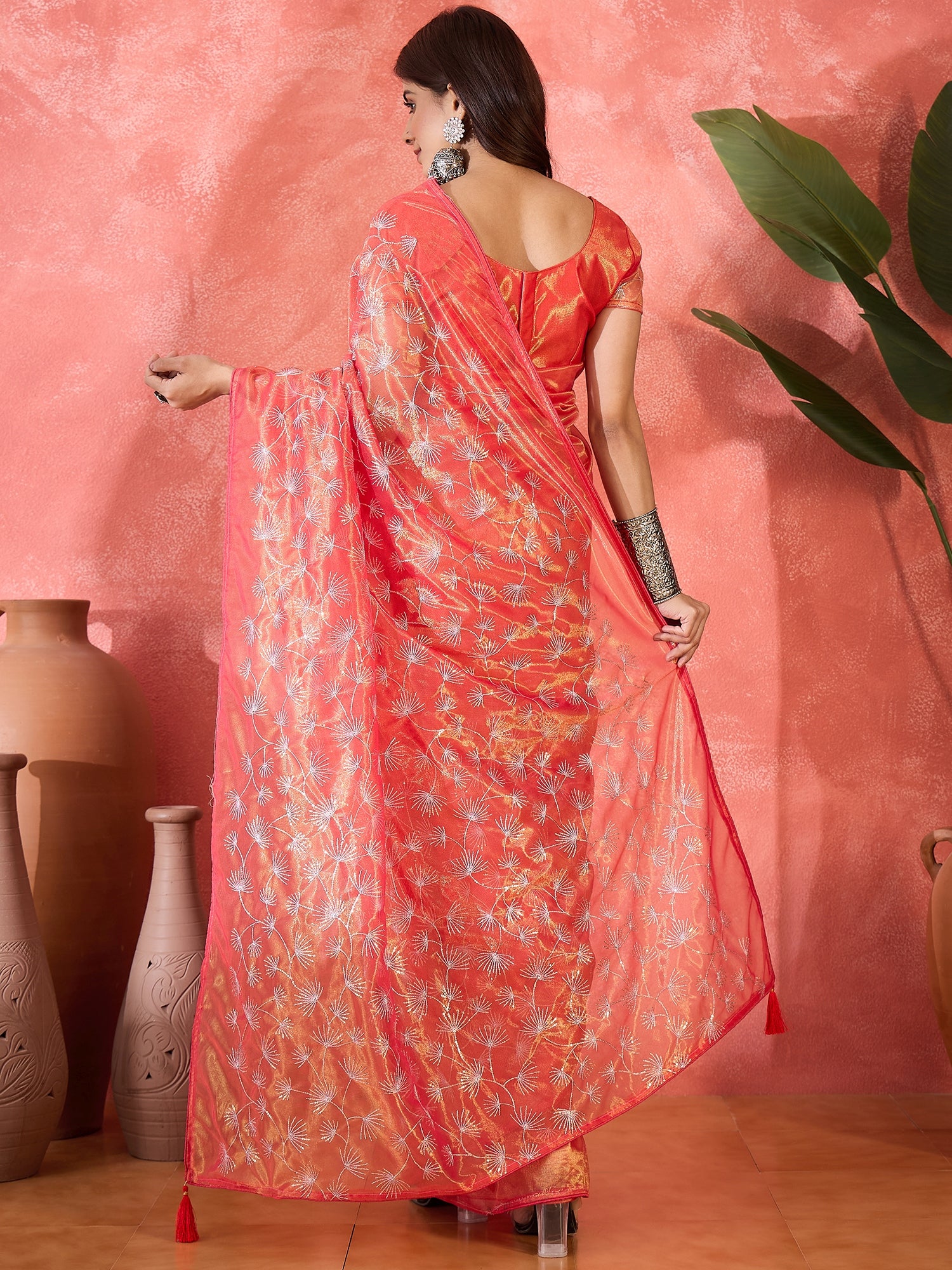 Red Designer Twill Net Sequins Embroidery Work Saree
