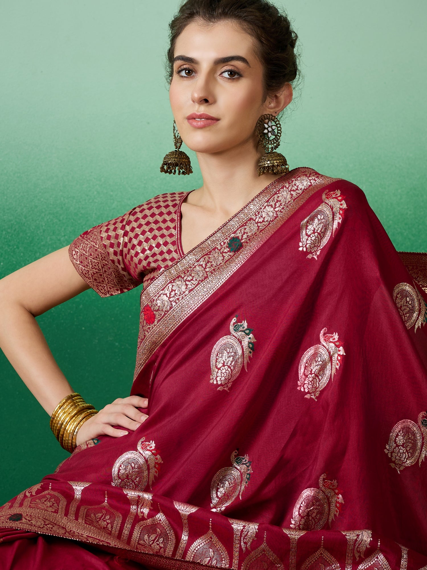 Red Dolla Cotton Woven Meenakari Designer Ethnic Festive Saree