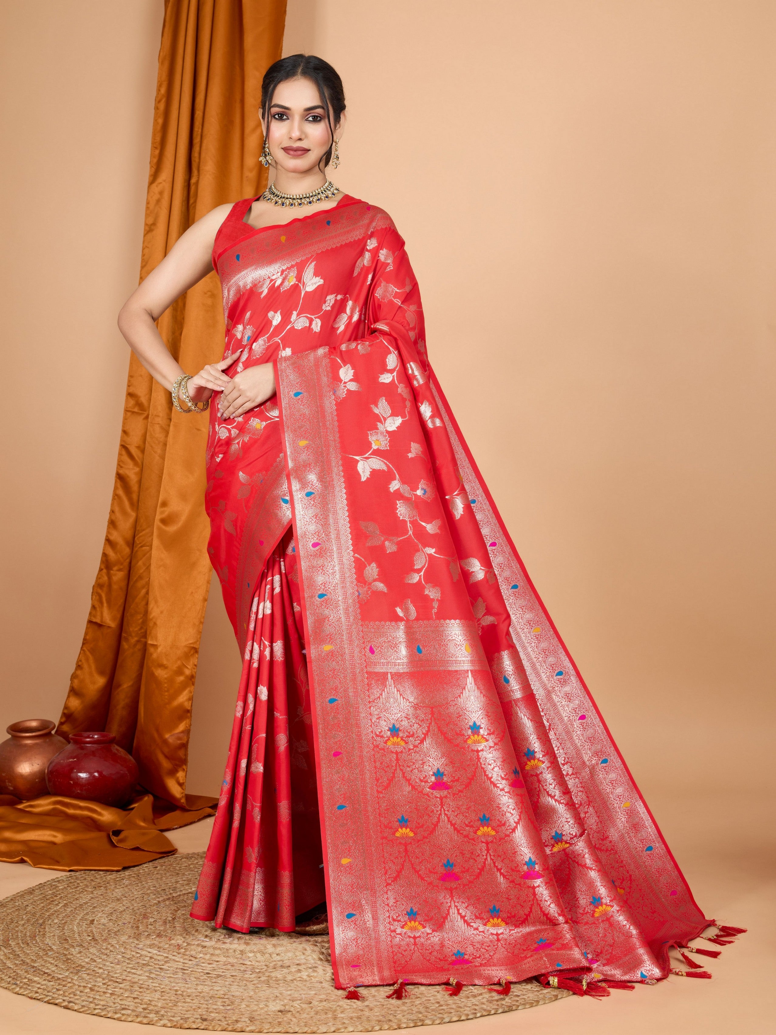 Red Ethnic Banarasi Silk Saree With Woven Jari Designer Work