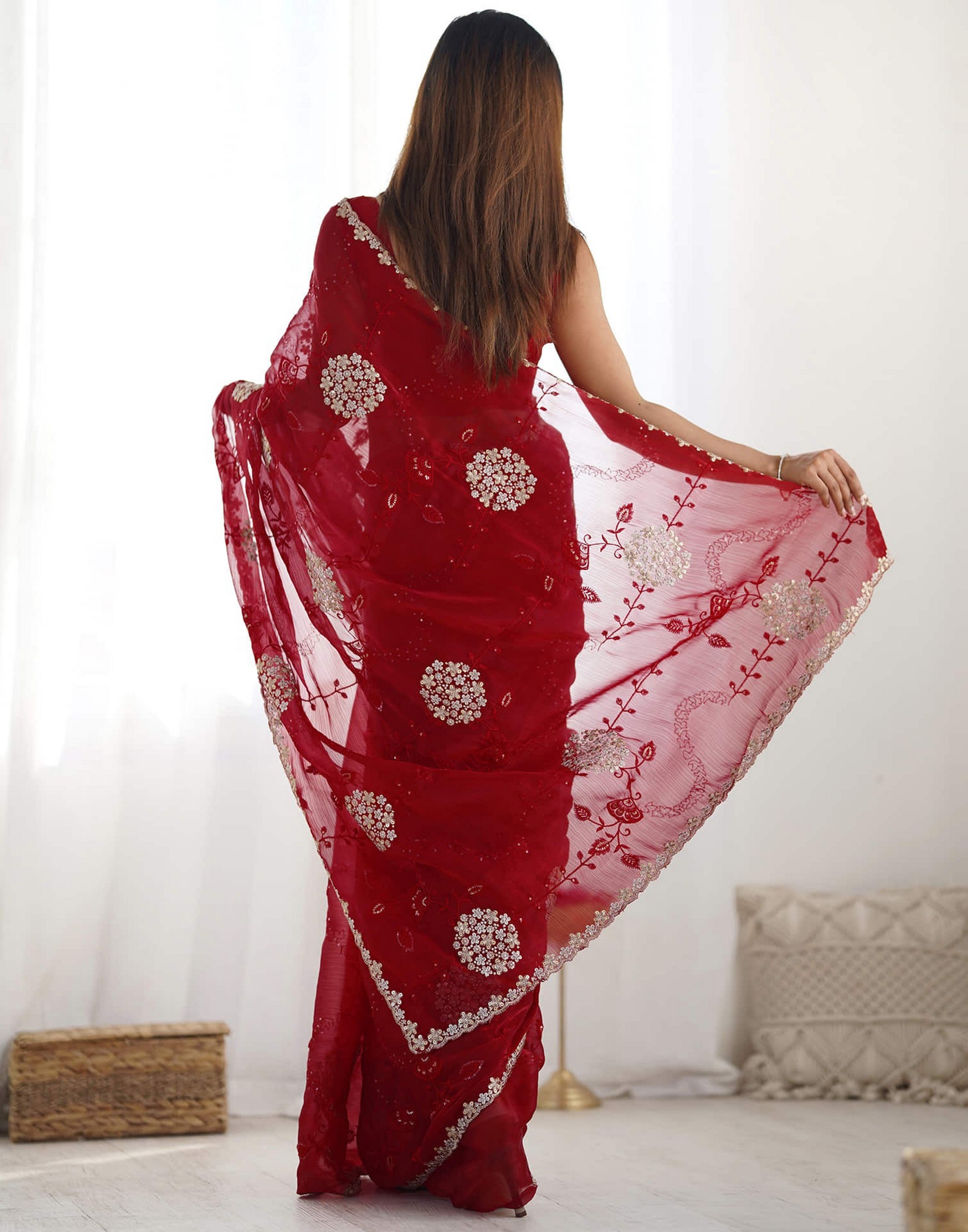 Red Fancy Embroidery Work Jimmy Choo Girlie Bollywood Saree