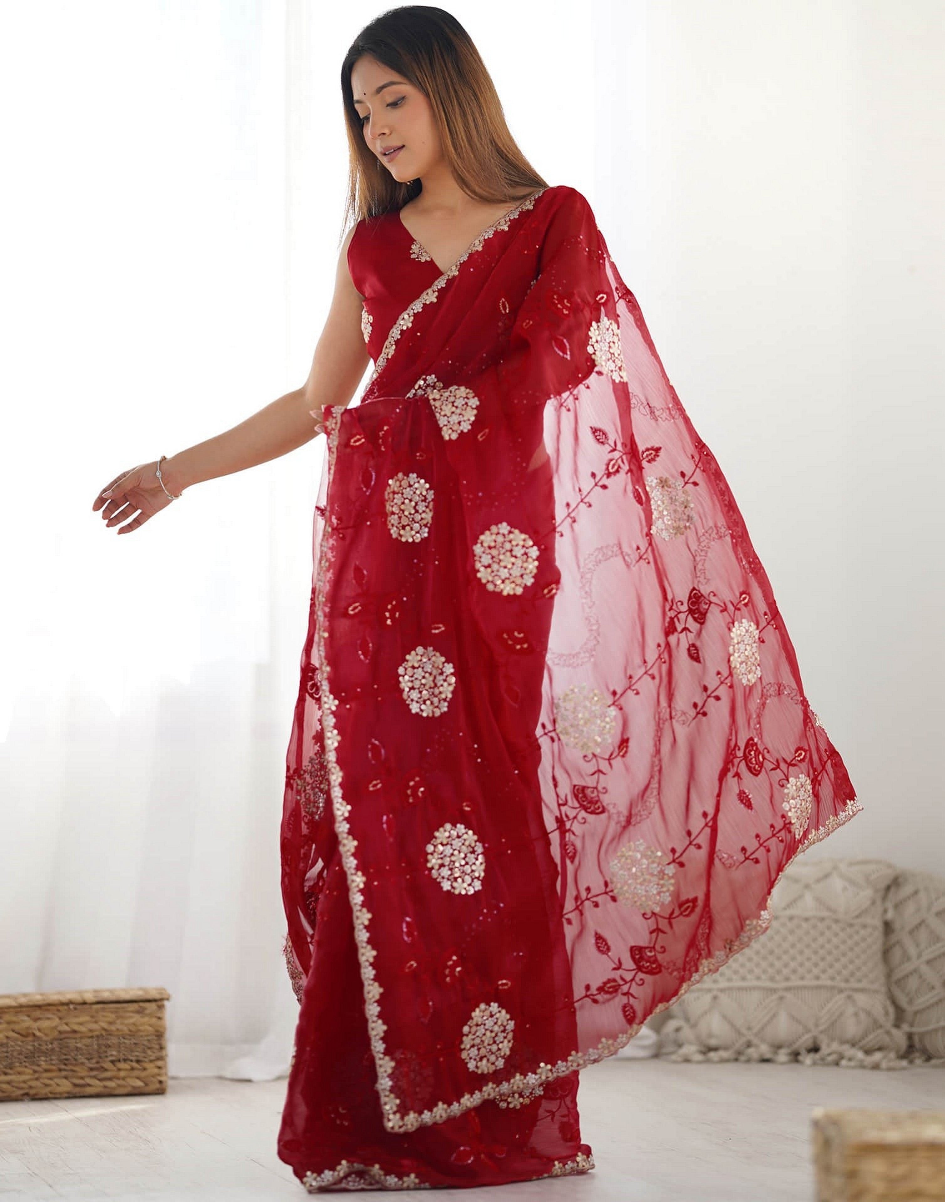 Red Fancy Embroidery Work Jimmy Choo Girlie Bollywood Saree