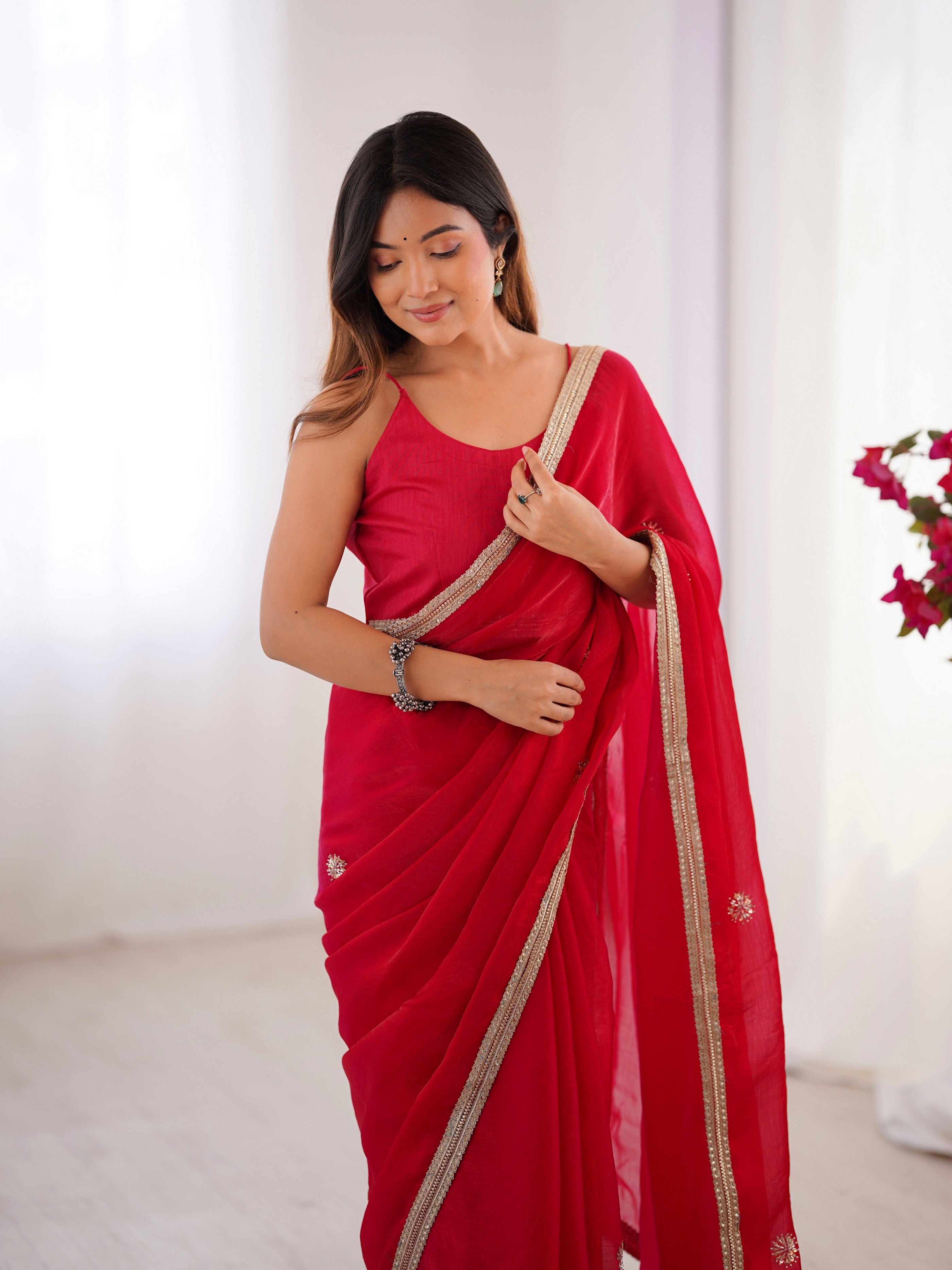 Red Fancy Stylish Partywear Saree For Girlie Ethnic Looks
