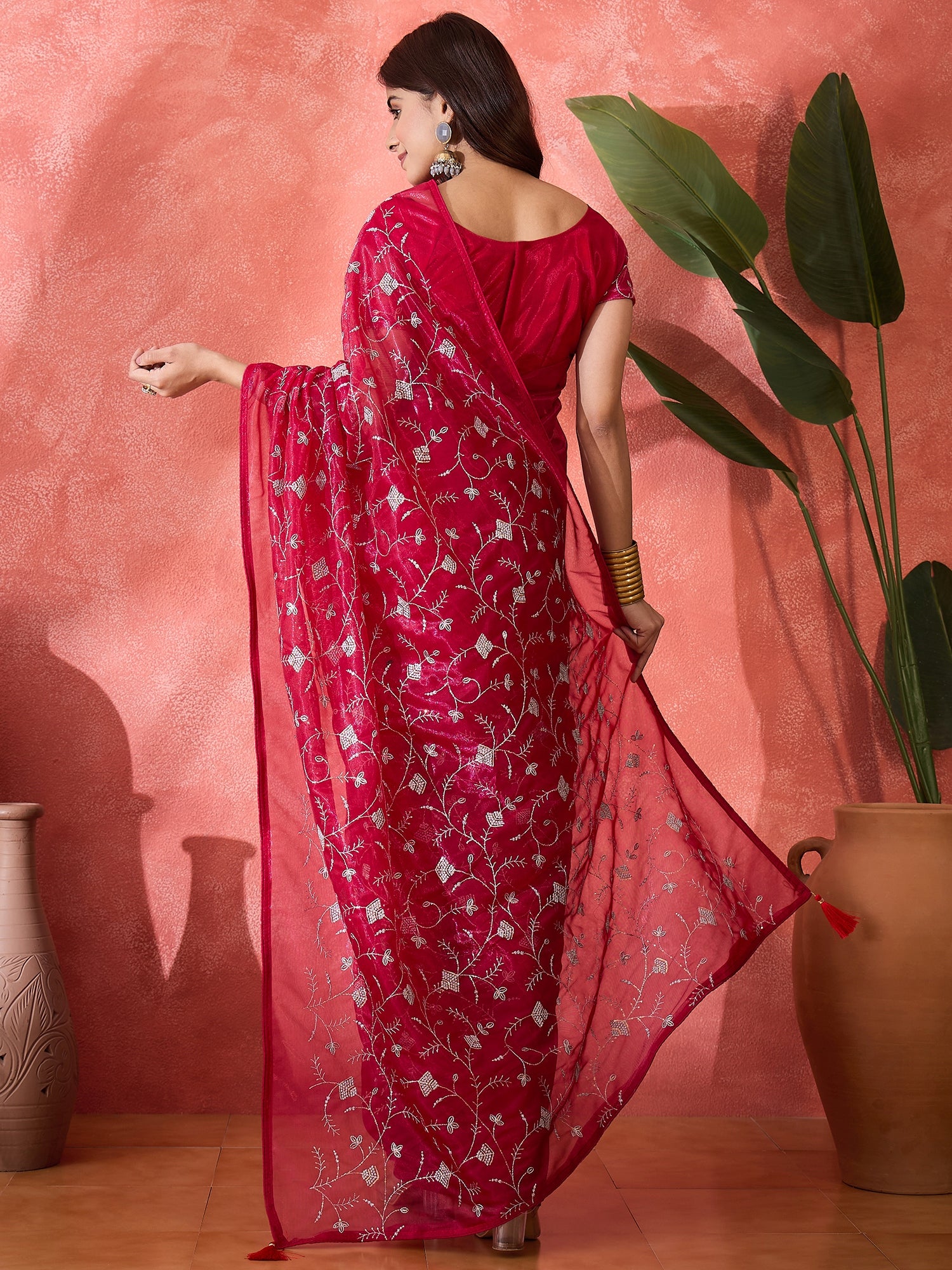 Red Fancy Twill Net Sequins Embroidery Work Ceremonial Saree