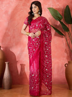 Red Fancy Twill Net Sequins Embroidery Work Ceremonial Saree