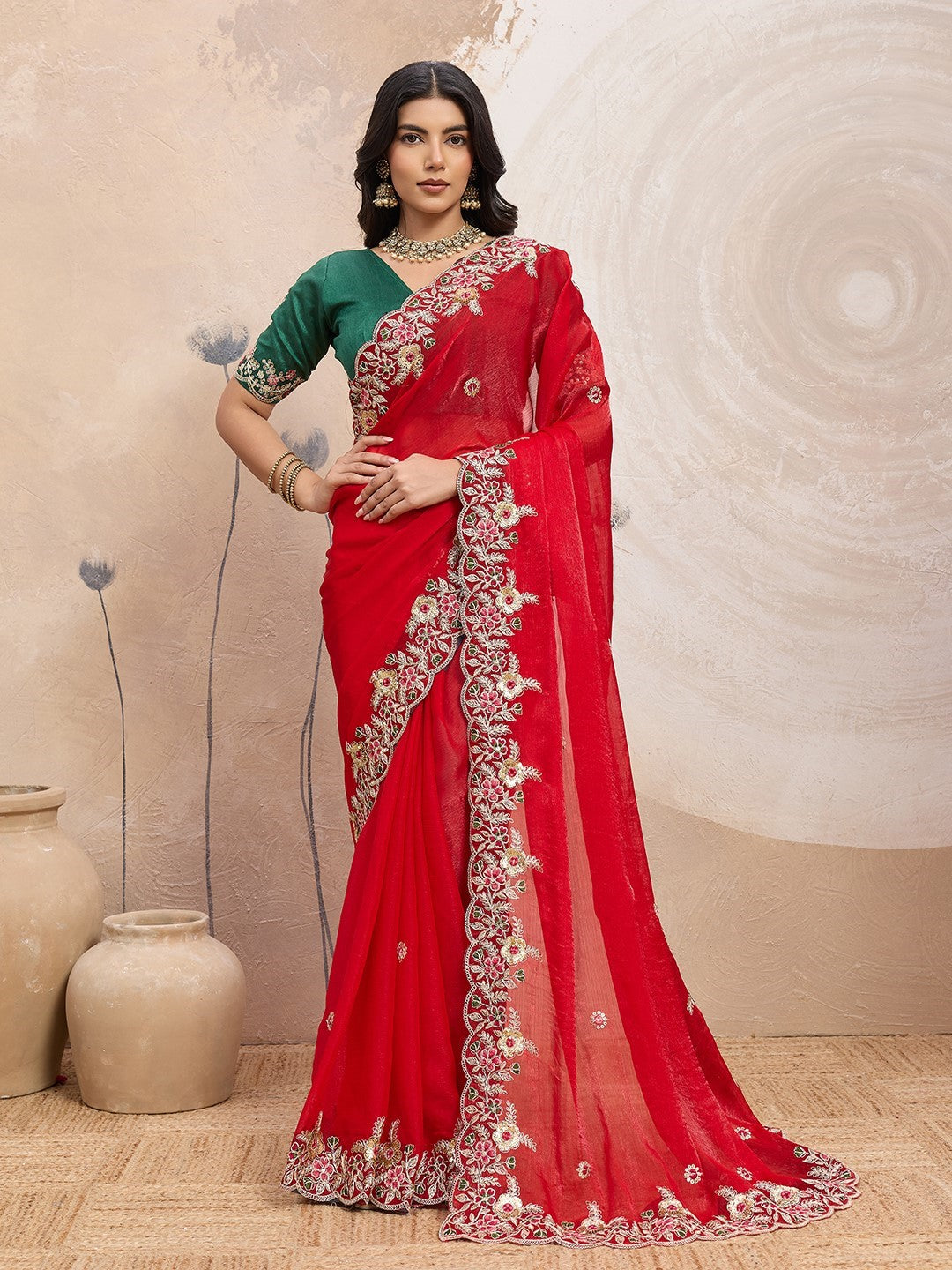 Red Fendy Chiffon Saree With Embroidery Premium Festive Saree