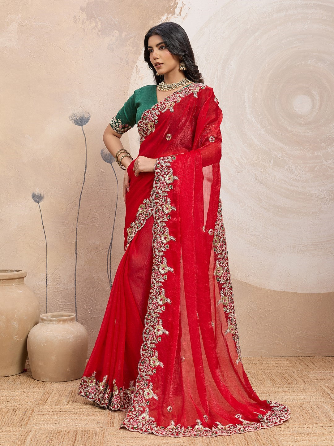Red Fendy Chiffon Saree With Embroidery Premium Festive Saree