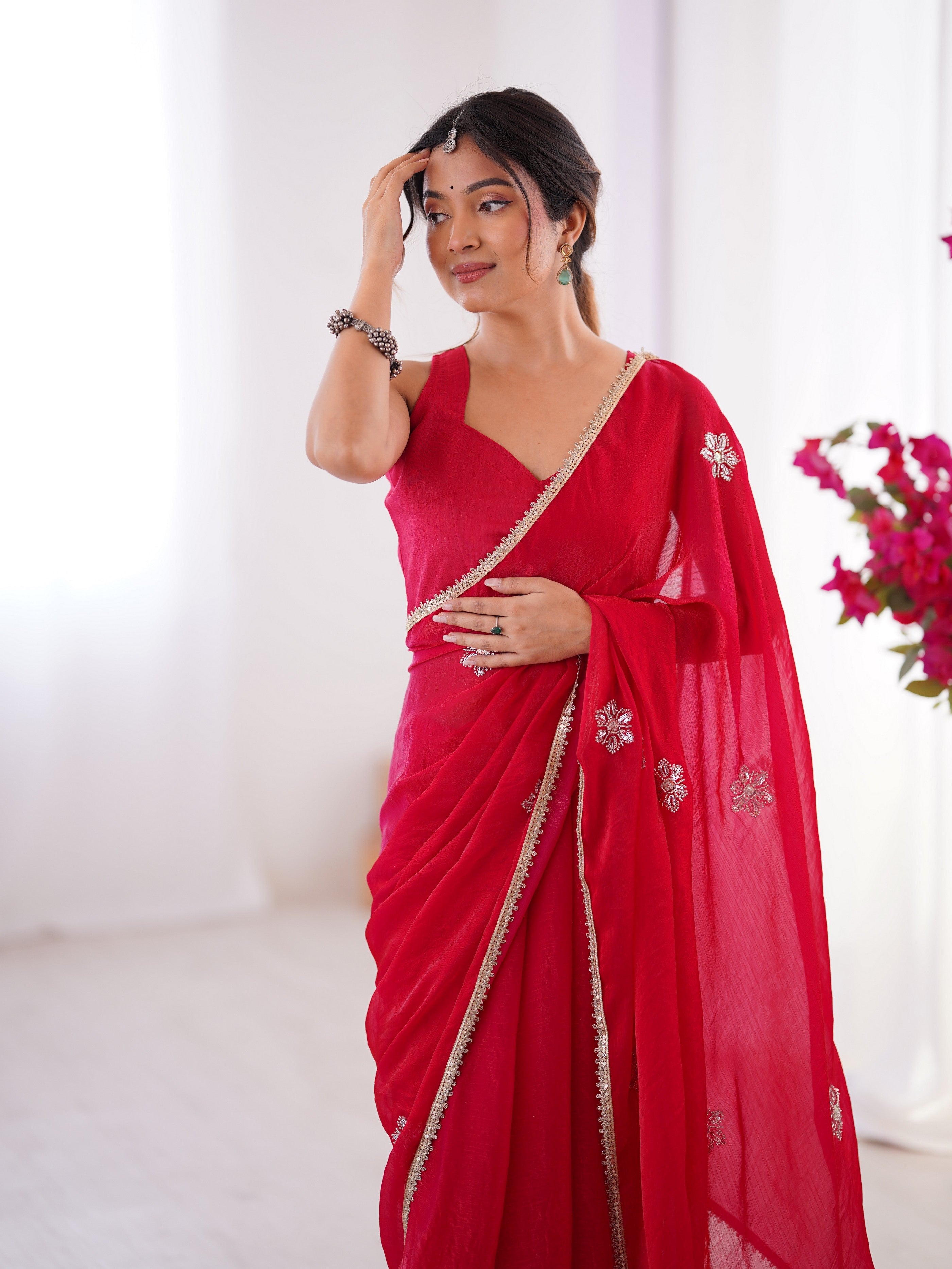 Red Fendy Designer Beads Moti And Val Sequance Work Partywear Saree