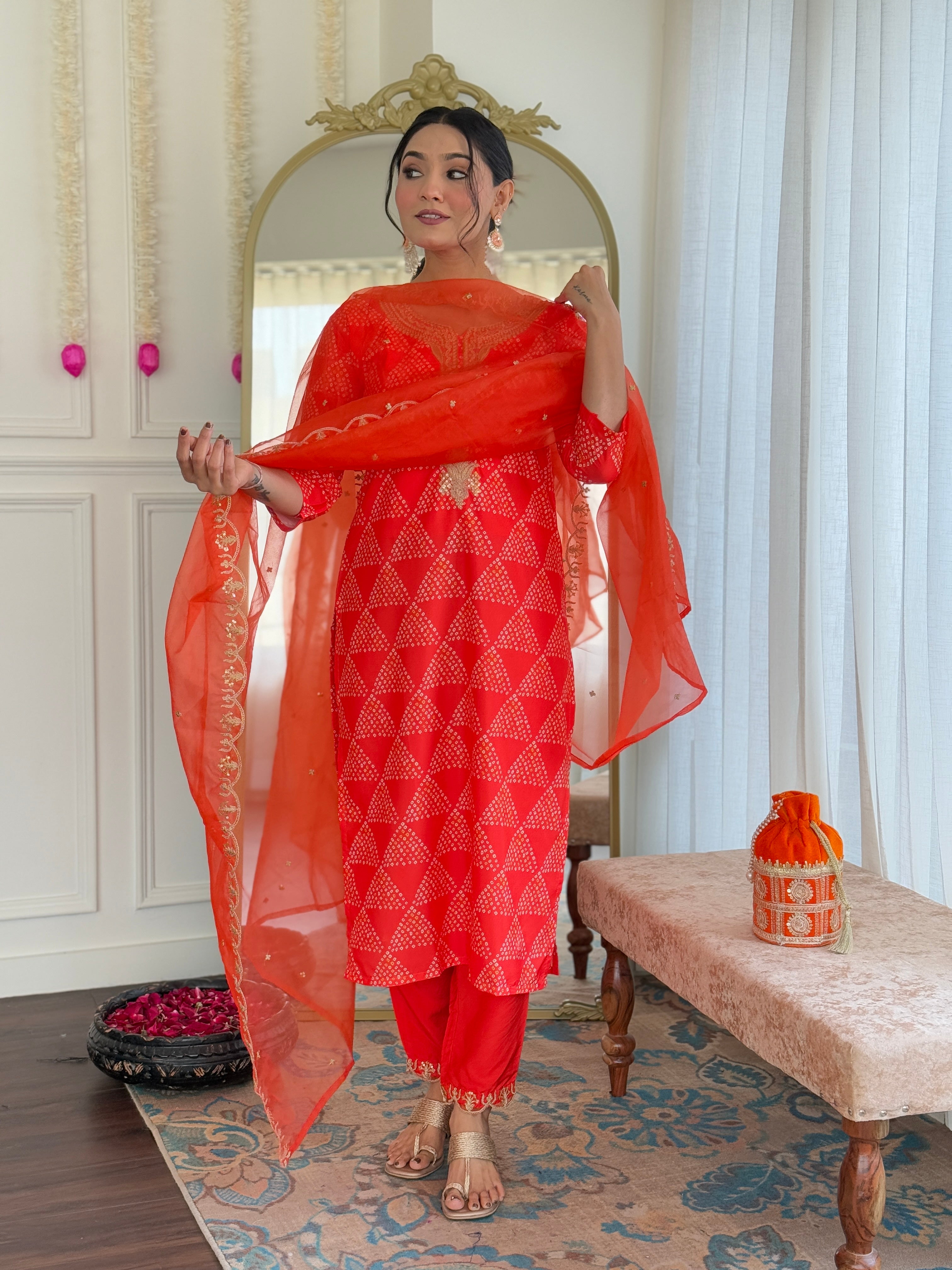 Red French Crepe Kurta Pant Set With Print With Thread Embroidered