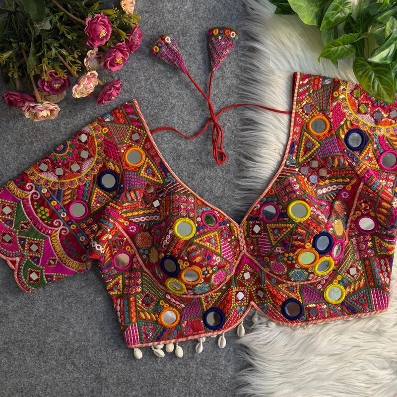 Red Gamthi Navratri Blouse with Sweetheart Neck  Mirror Work