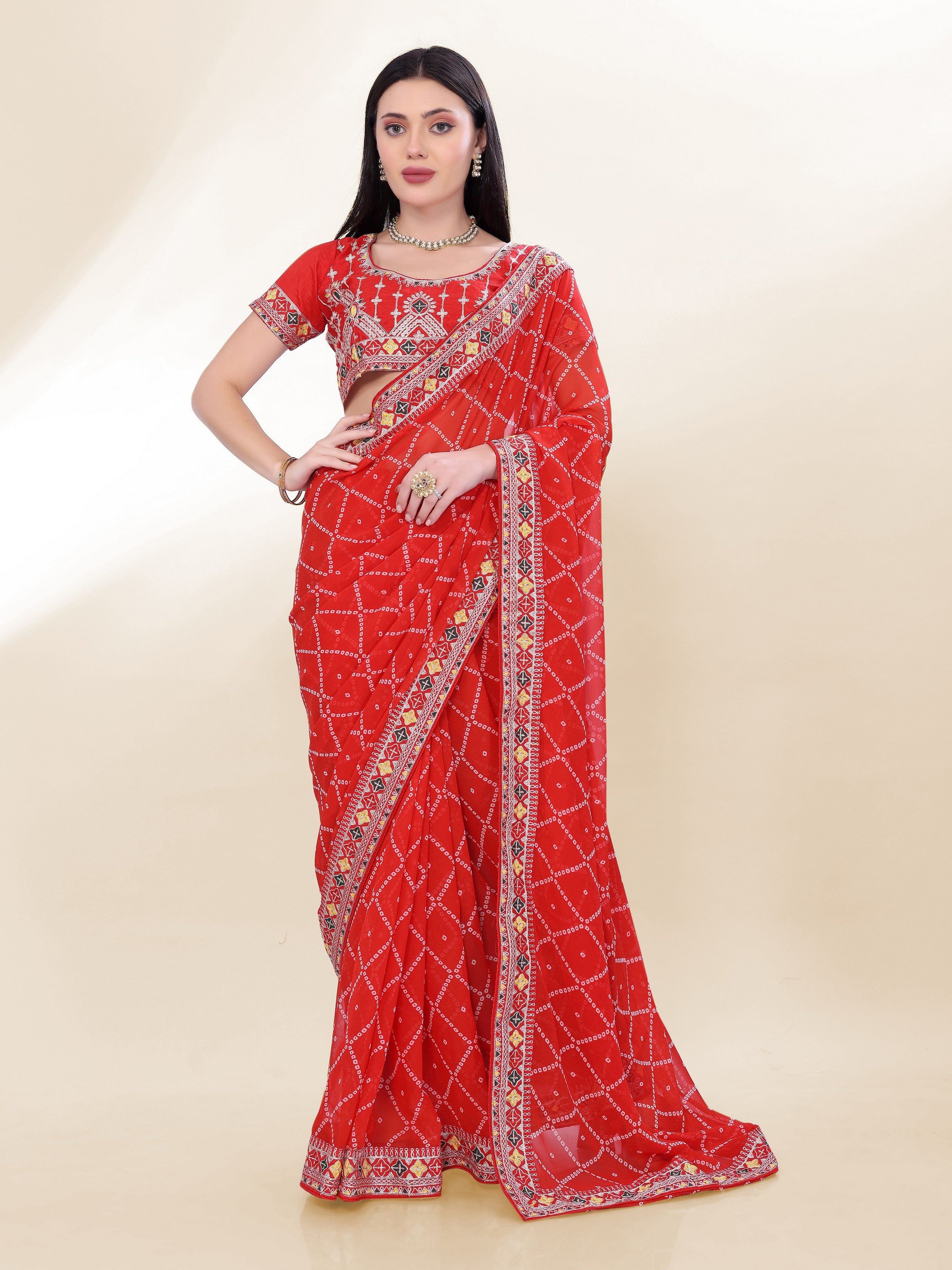 Red Georgette Bandhej Printed Saree With Graceful Embroidery Work