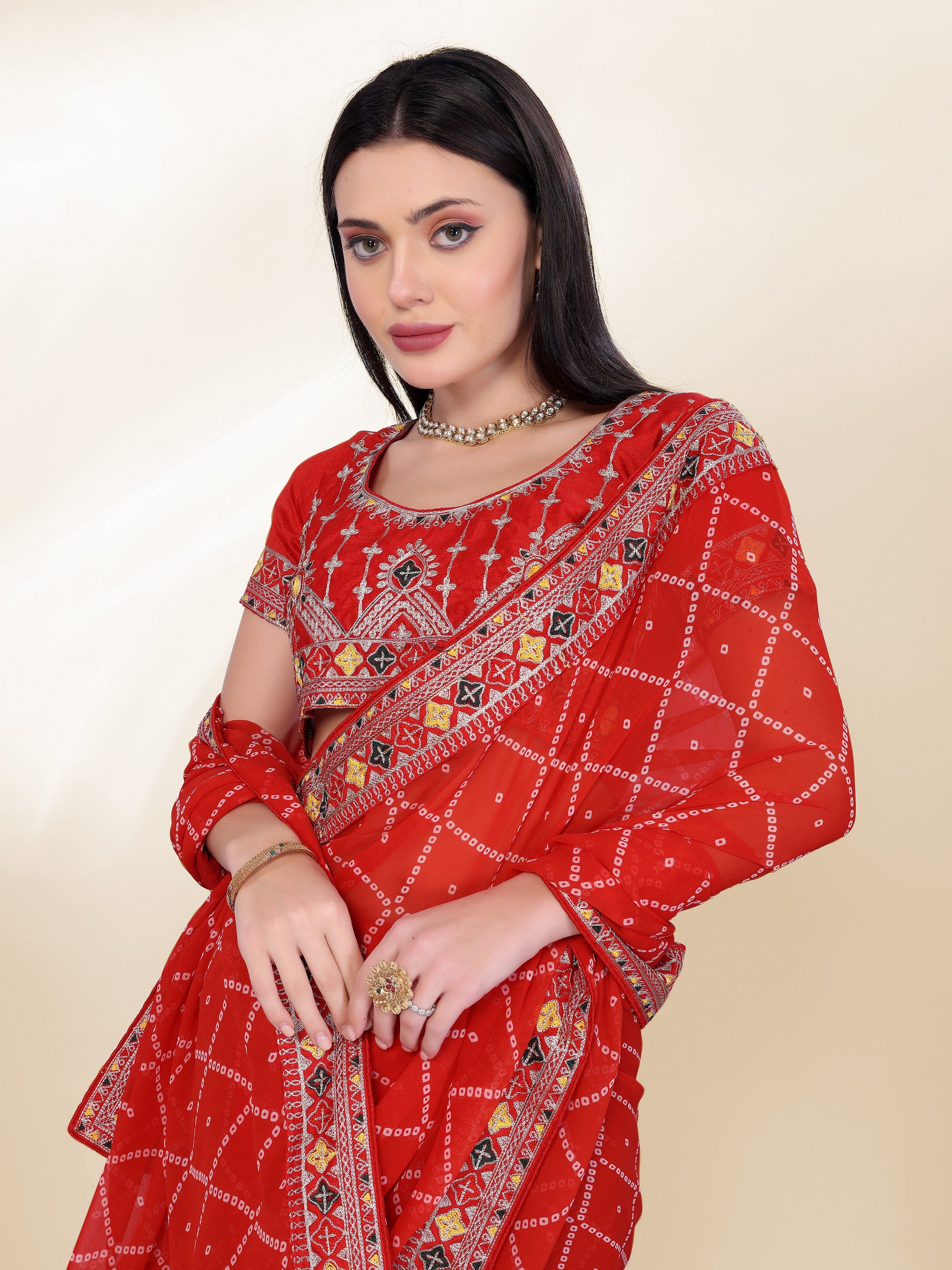 Red Georgette Bandhej Printed Saree With Graceful Embroidery Work