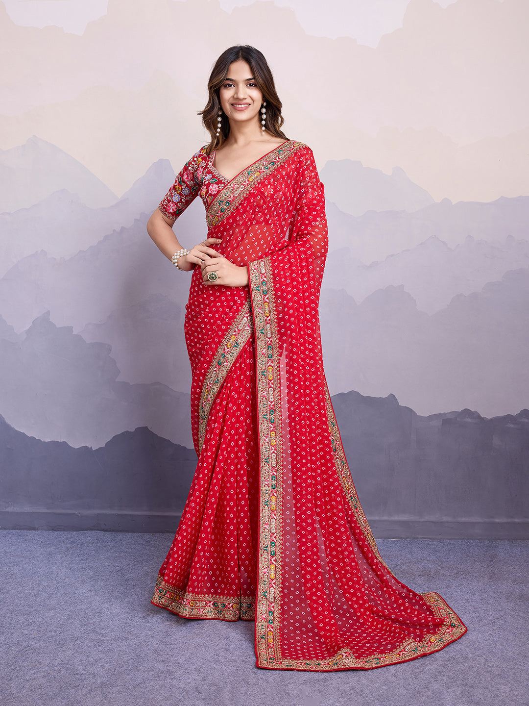 Red Georgette Designer Partywear Bandhej Saree