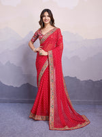Red Georgette Designer Partywear Bandhej Saree