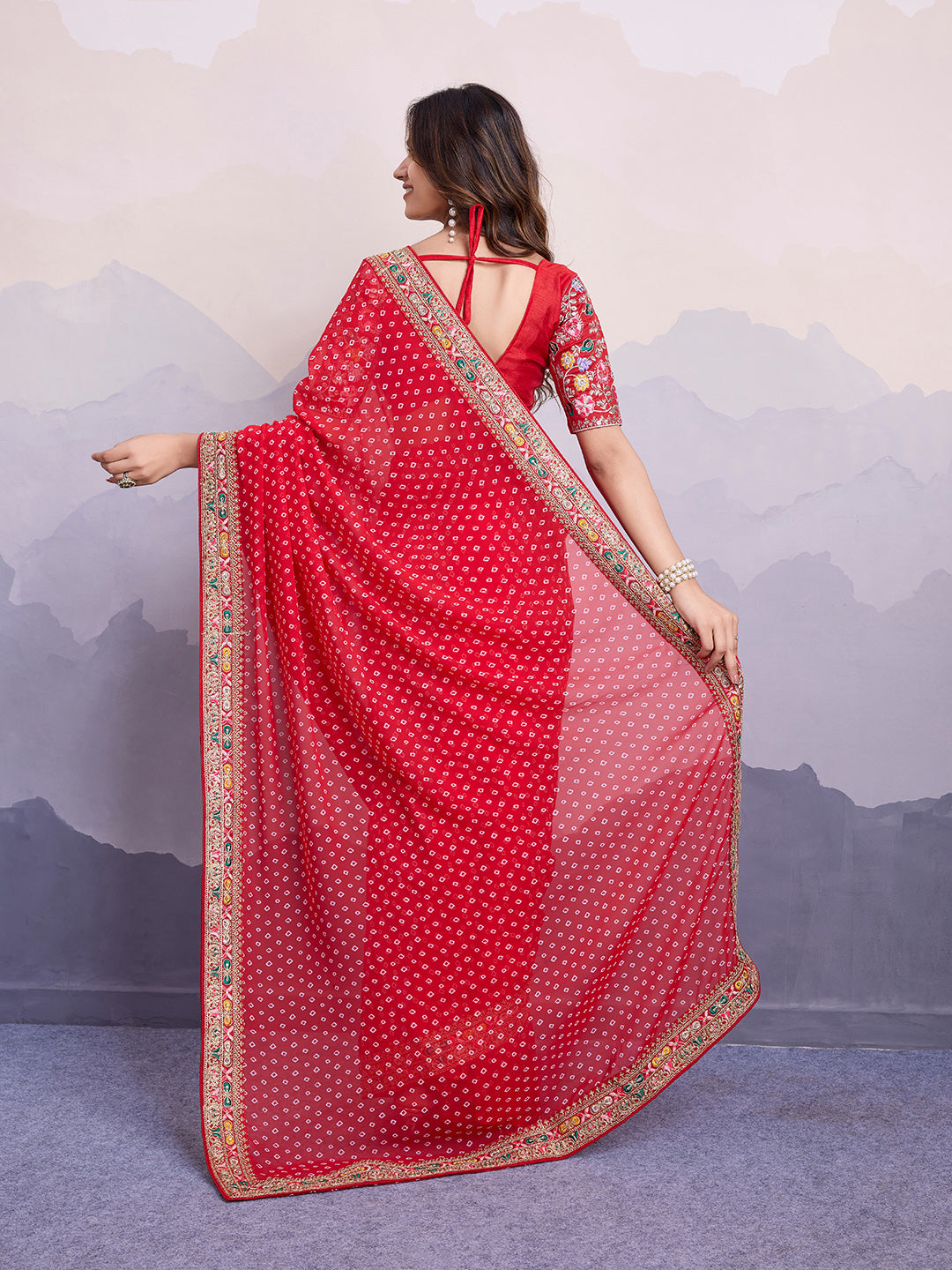 Red Georgette Designer Partywear Bandhej Saree
