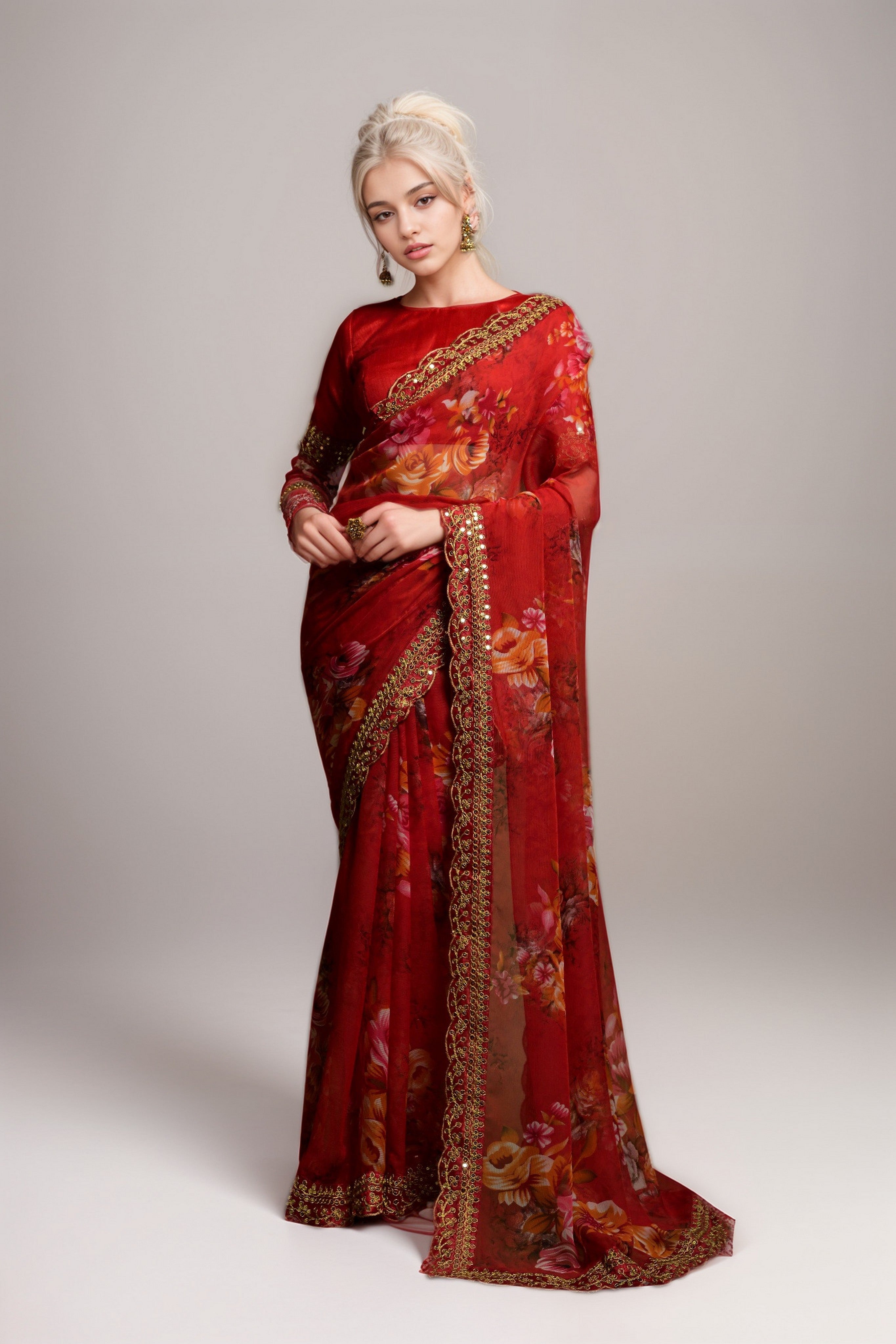 Red Georgette Floral Printed With Embroidered Border Saree