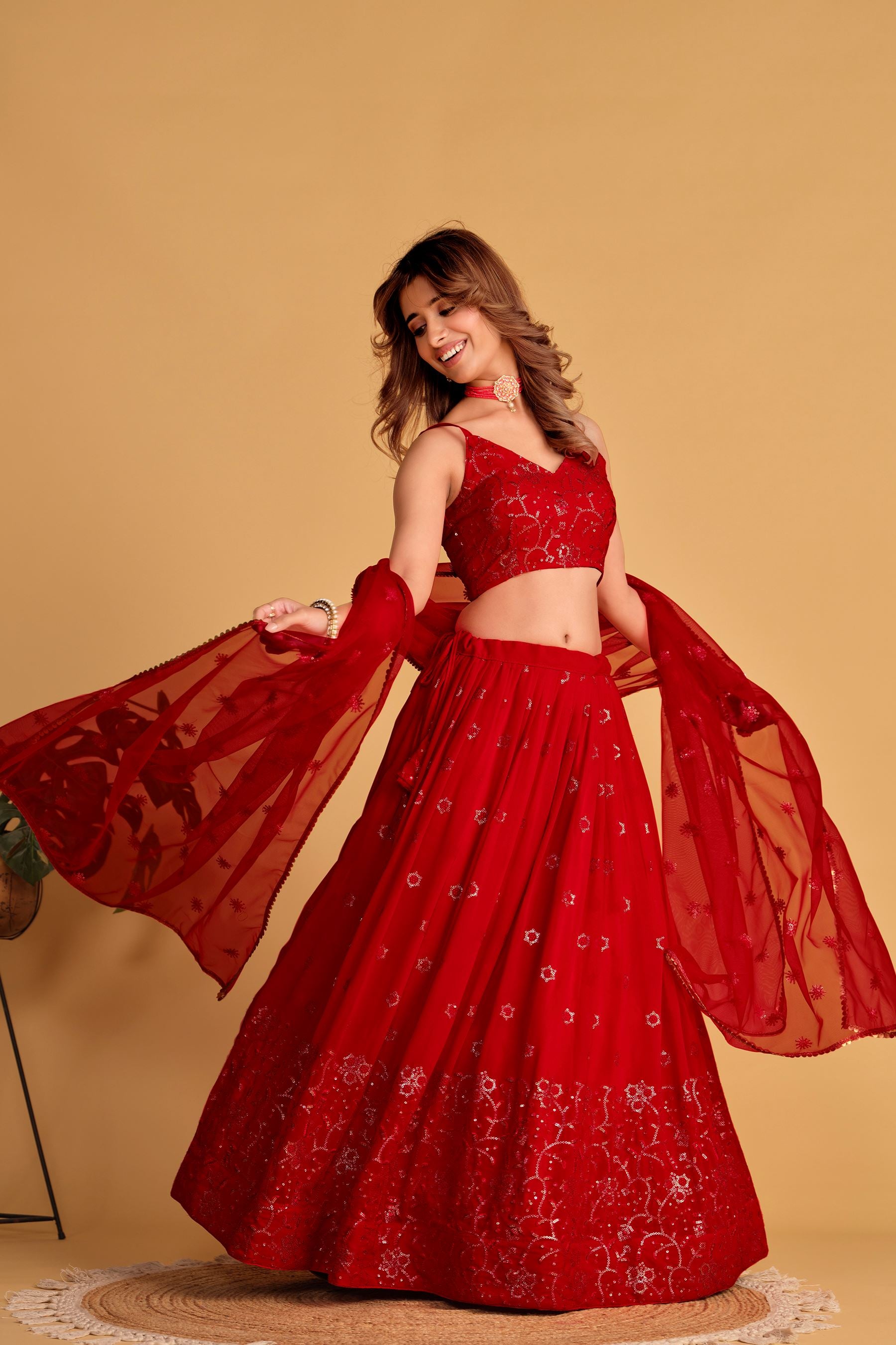 Red Georgette Lehenga Choli With Sequins Thread Embroidered Work