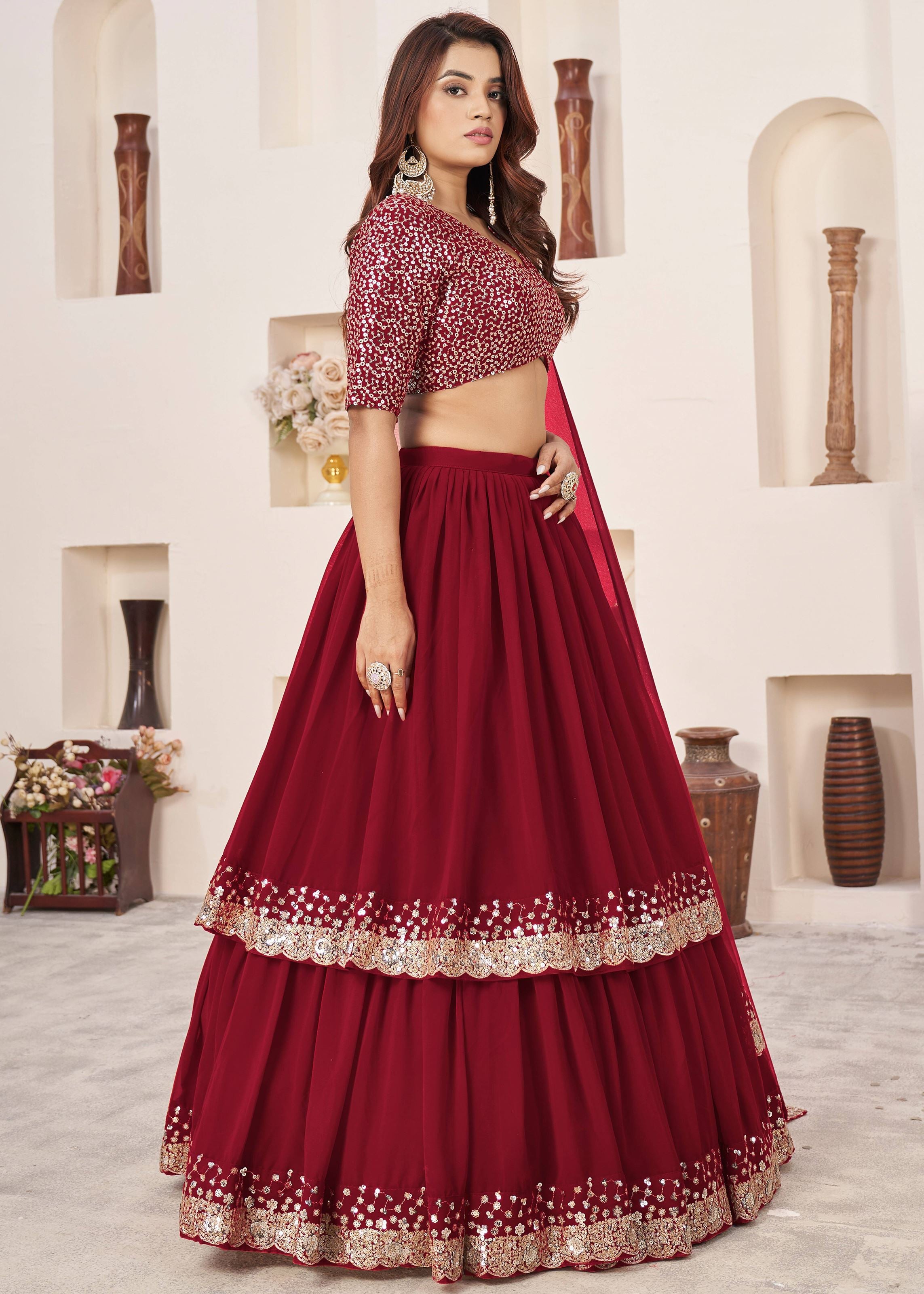 Red Georgette Lehenga Choli With Sequins Zari Embroidered Work