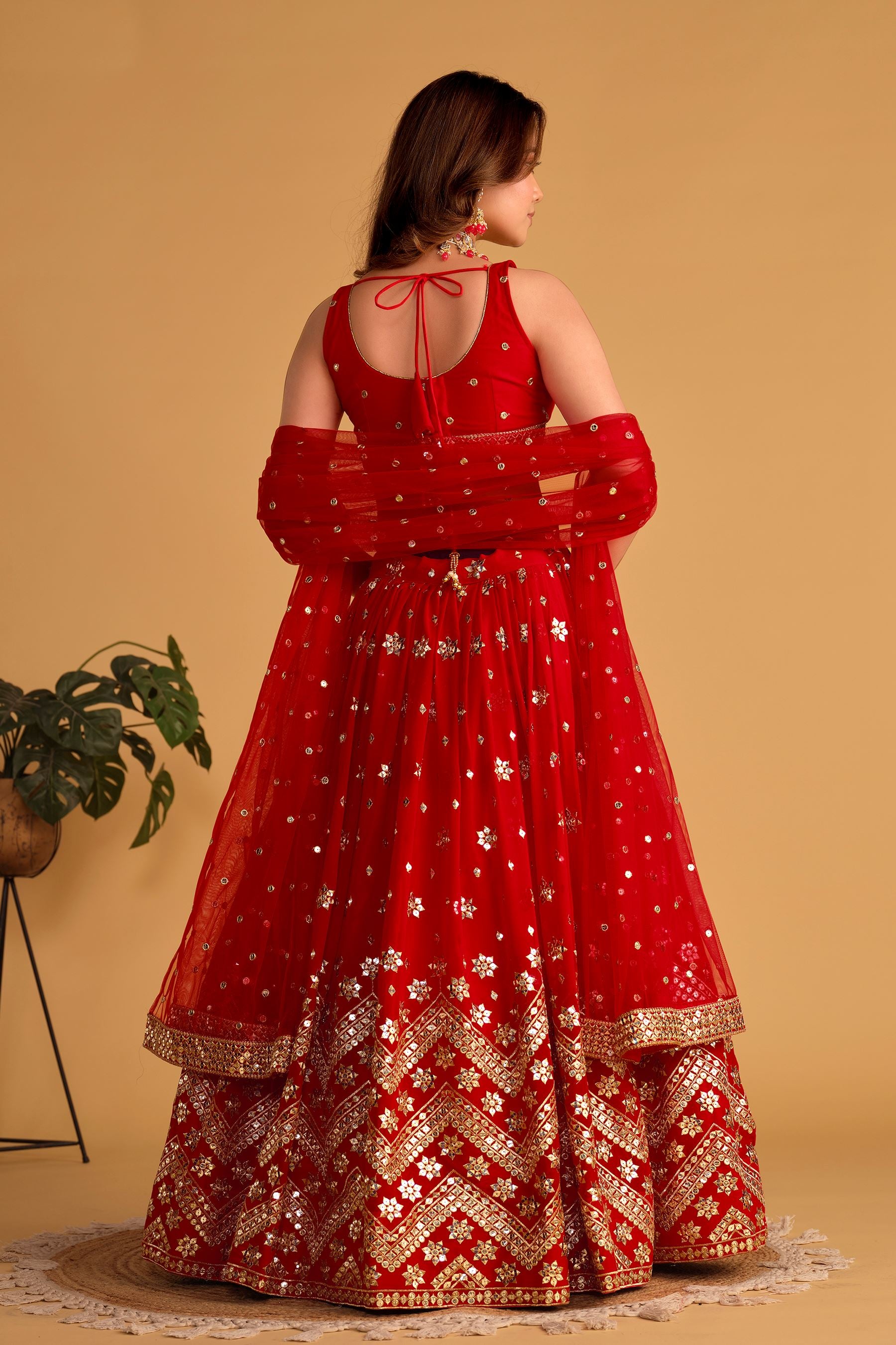 Red Georgette Lehenga Choli With Sequins Zari Embroidered Work