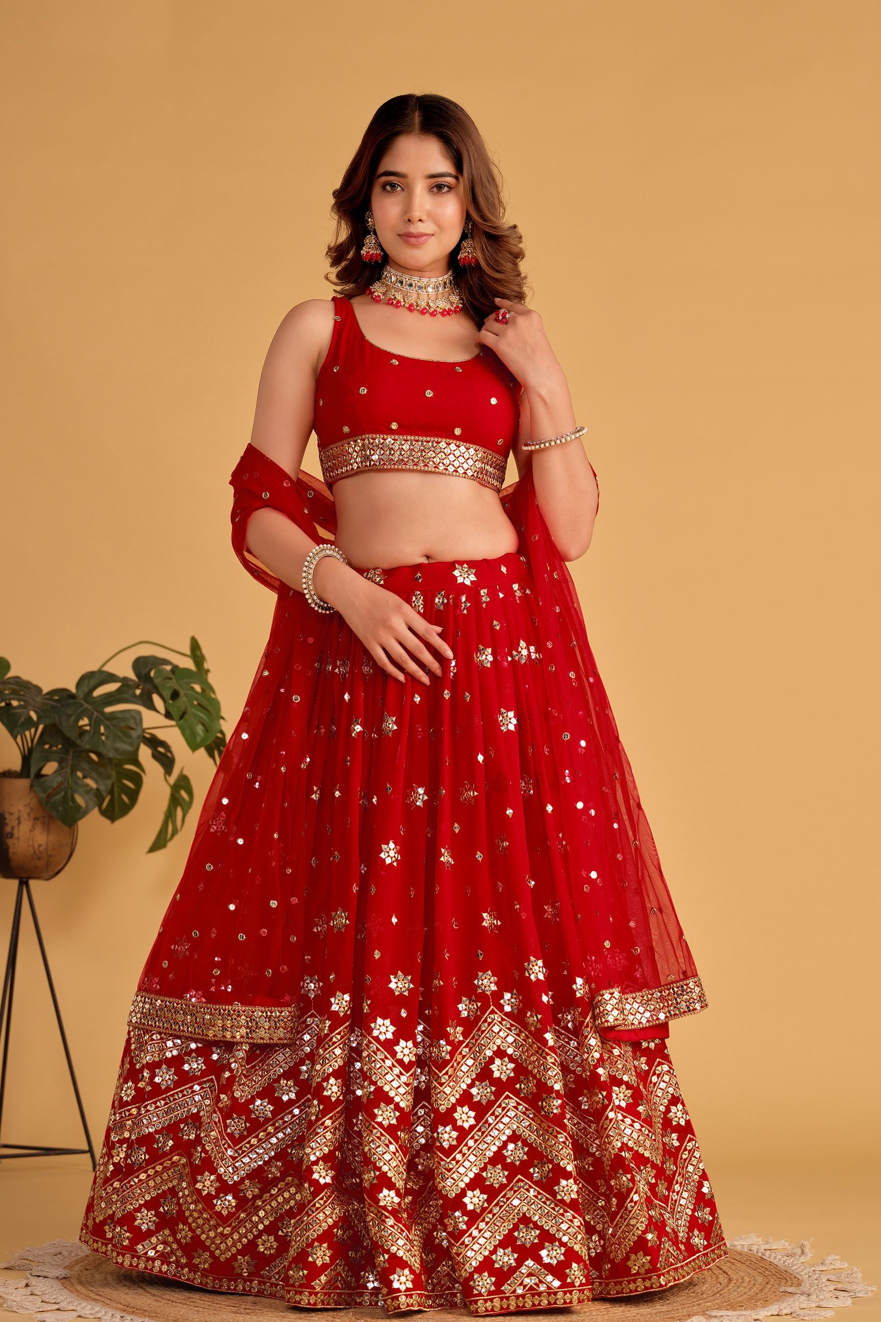 Red Georgette Lehenga Choli With Sequins Zari Embroidered Work