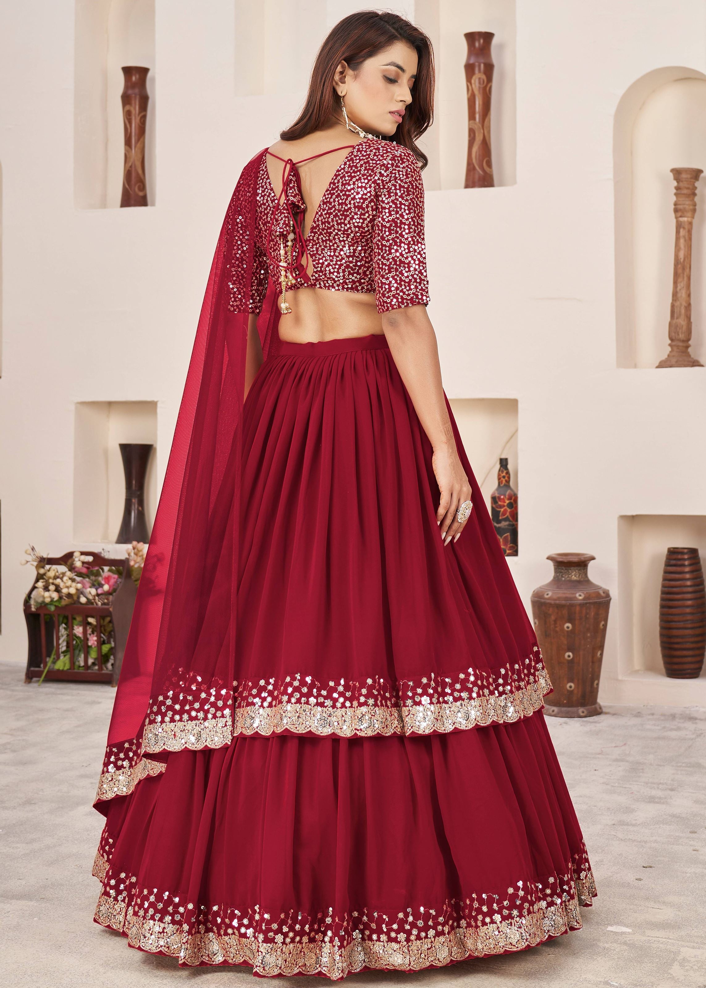 Red Georgette Lehenga Choli With Sequins Zari Embroidered Work