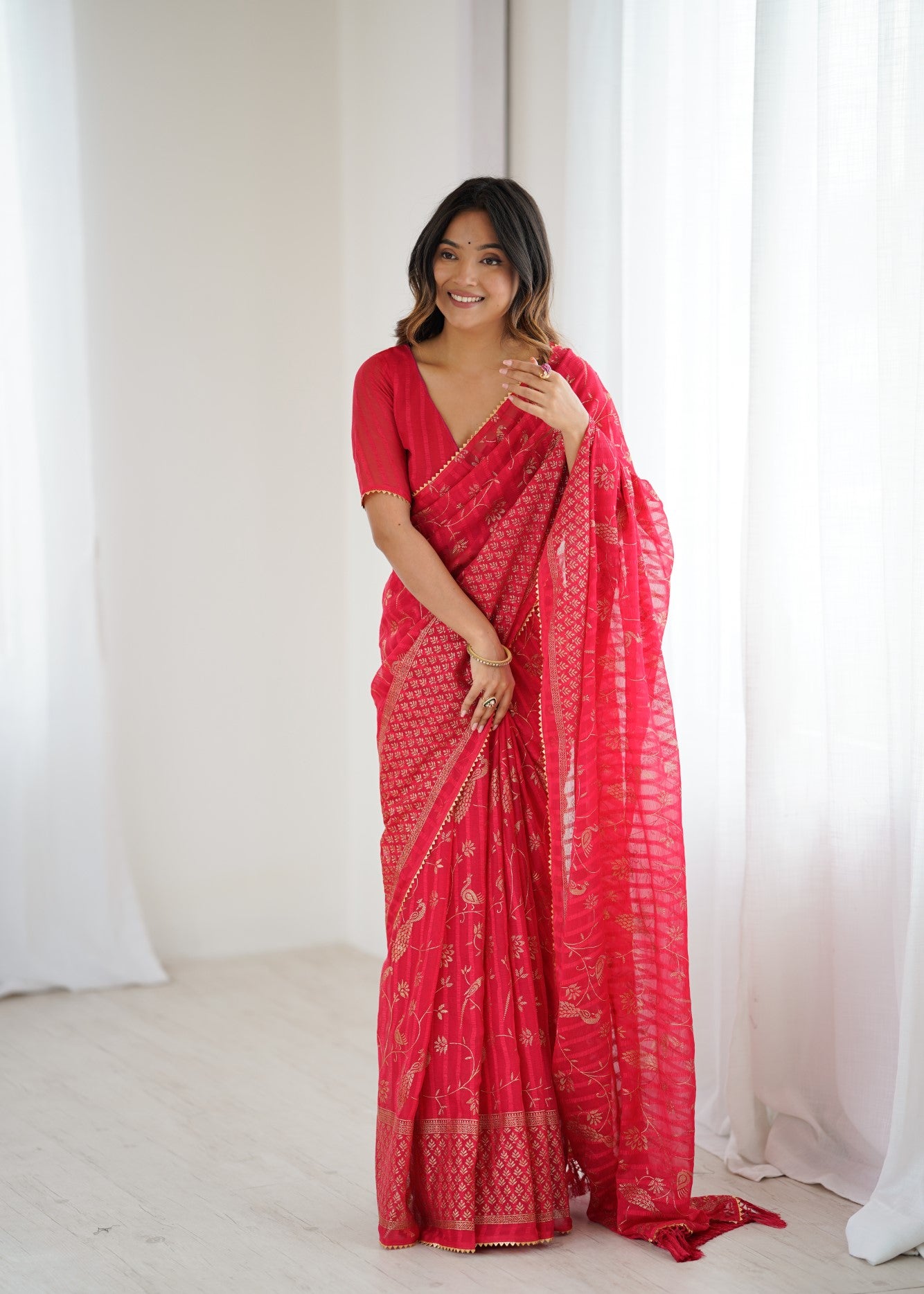 Red Georgette Patta Saree With Foil Work And Lace Border