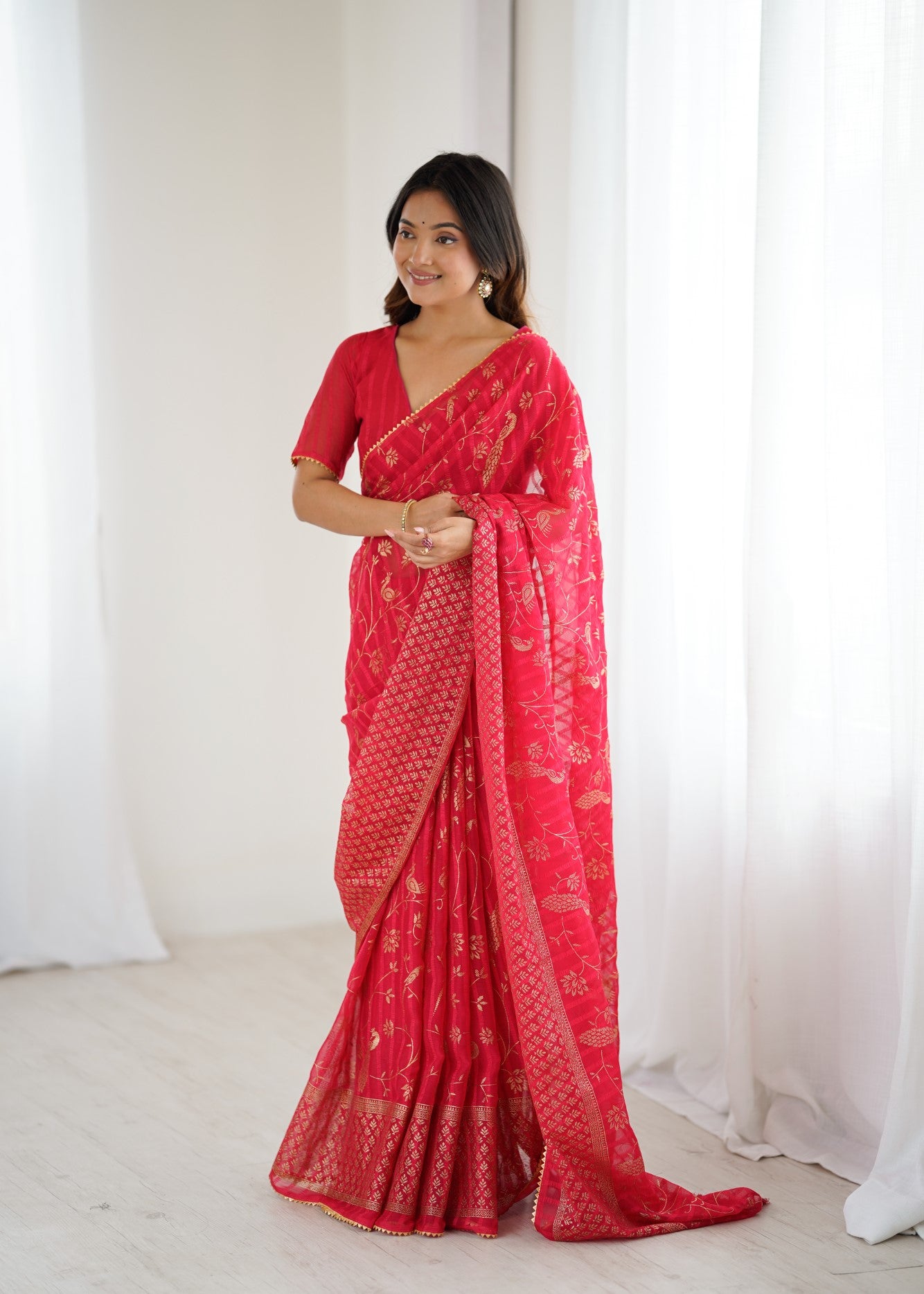 Red Georgette Patta Saree With Foil Work And Lace Border