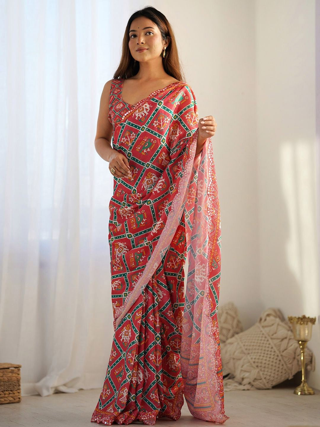 Red Georgette Saree With Digital Print And Mirror Work
