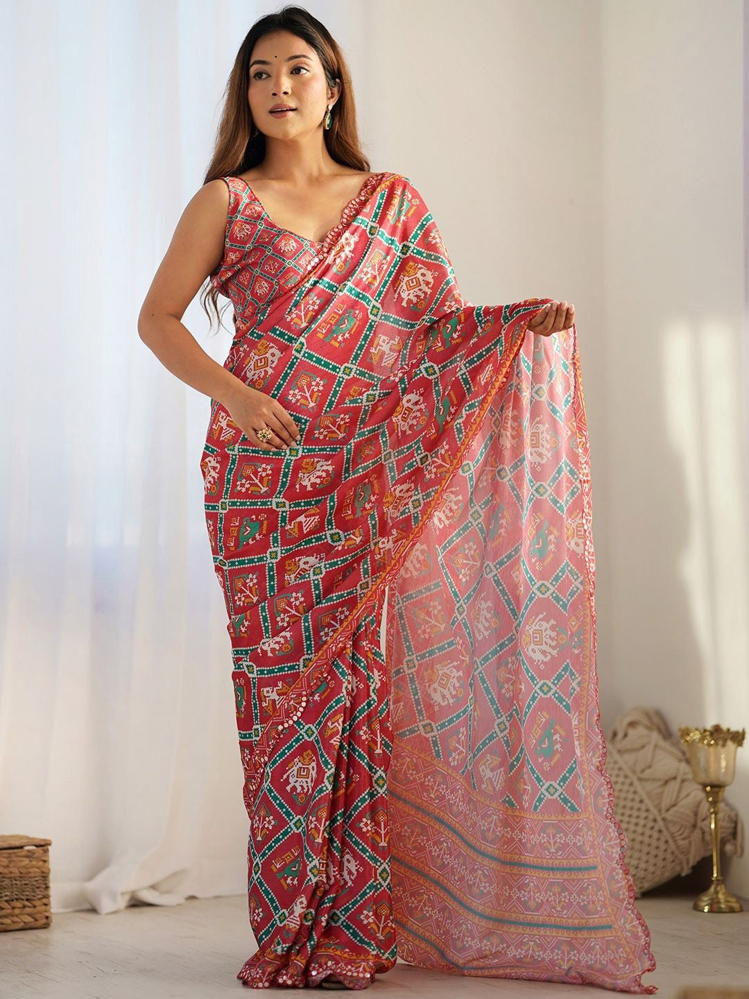 Red Georgette Saree With Digital Print And Mirror Work