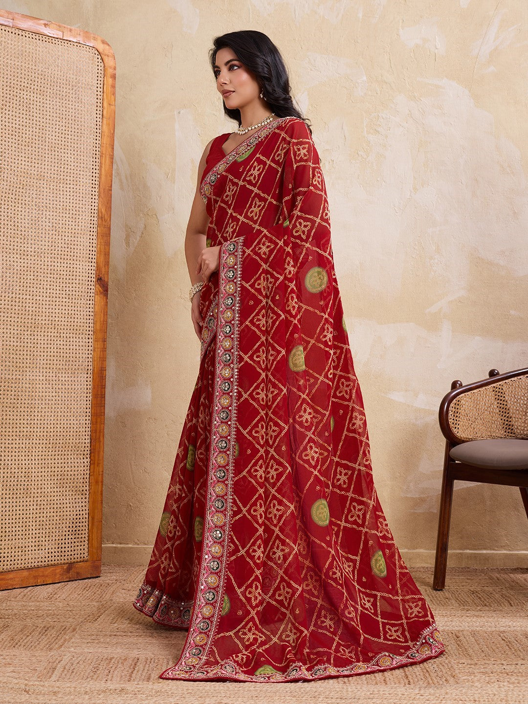 Red Georgette Saree With Embroidery Designer Classic Saree