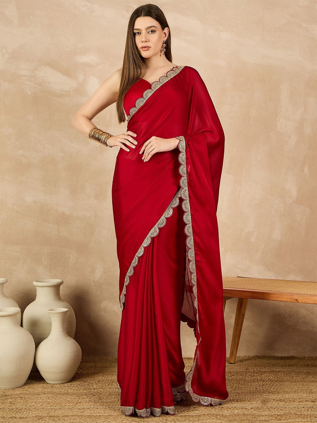 Red Georgette Saree With Plain Saree With Embroidery Cut Work Lace