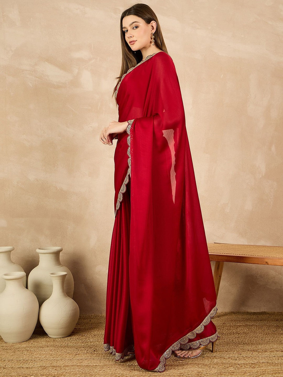 Red Georgette Saree With Plain Saree With Embroidery Cut Work Lace