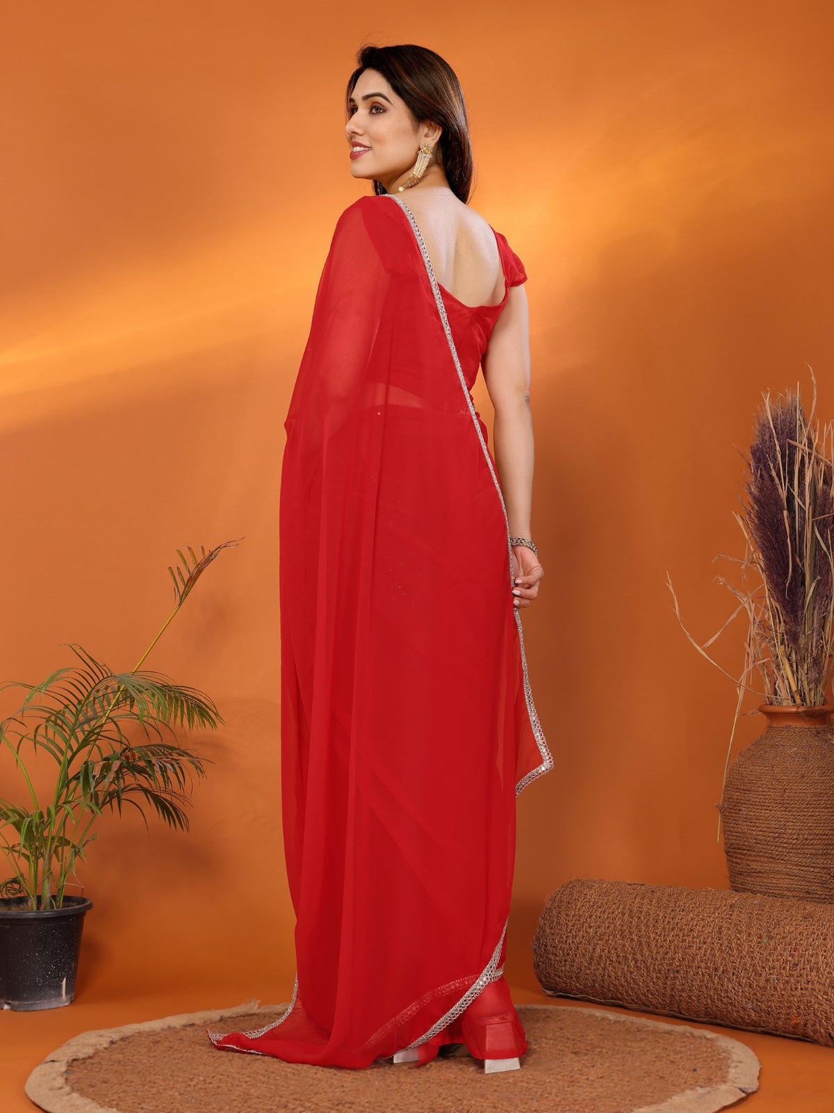 Red Georgette Saree with Mirror Border