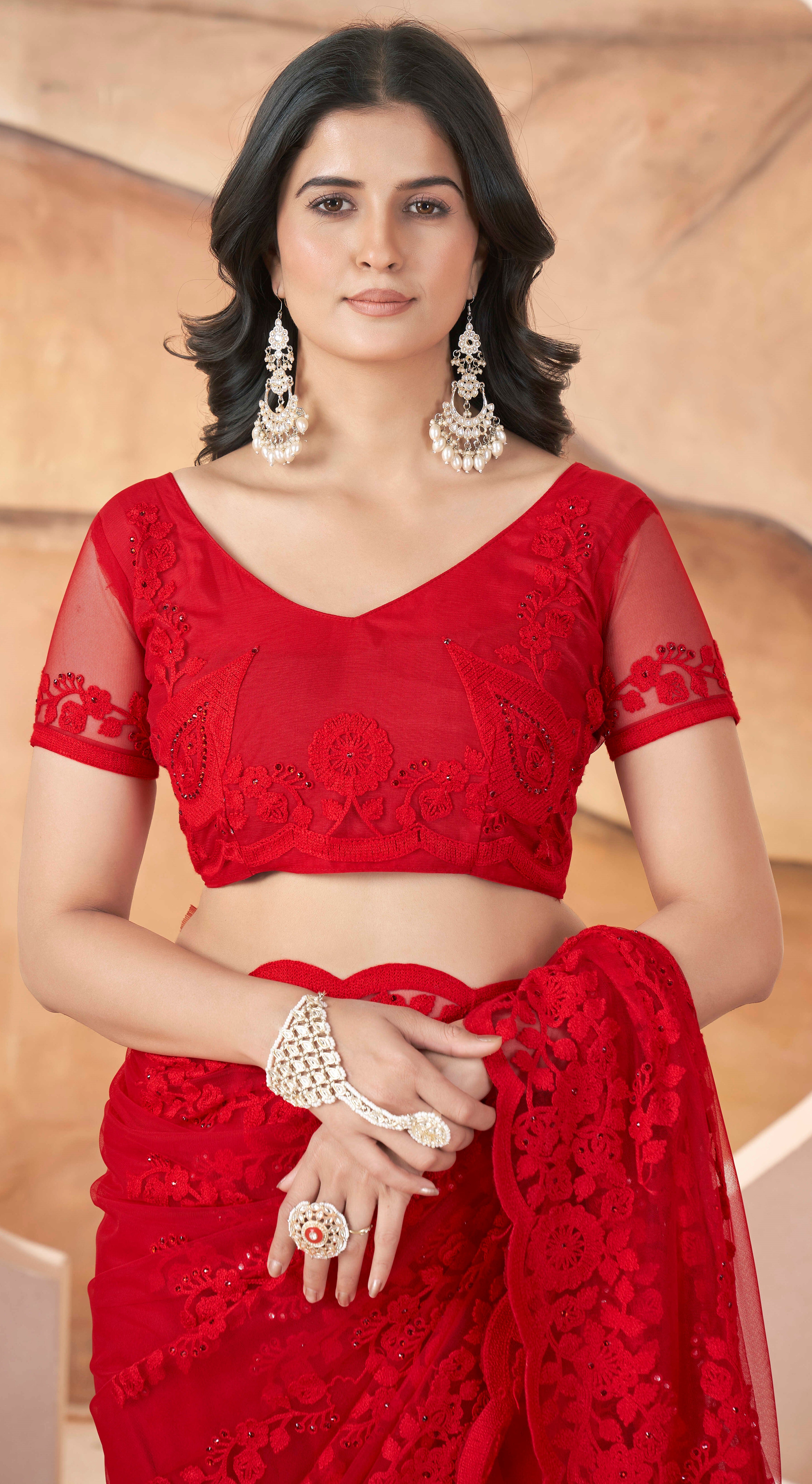 Red Girlie Butterfly Net Tone To Tone Thread Embroidery With Stone Work Saree