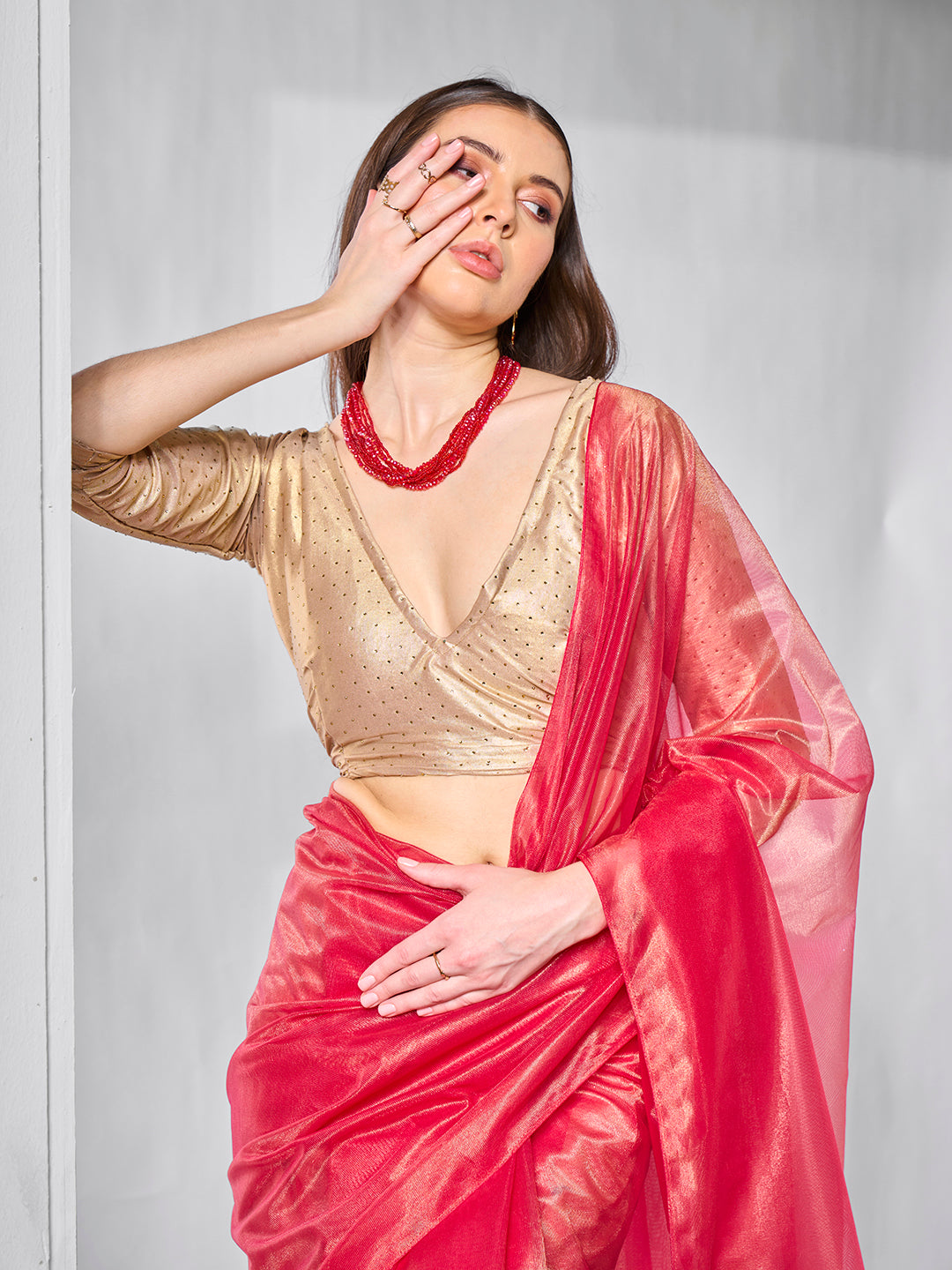 Red Gold Tissue Net Solid Texture Saree With Graceful Gold Cotted