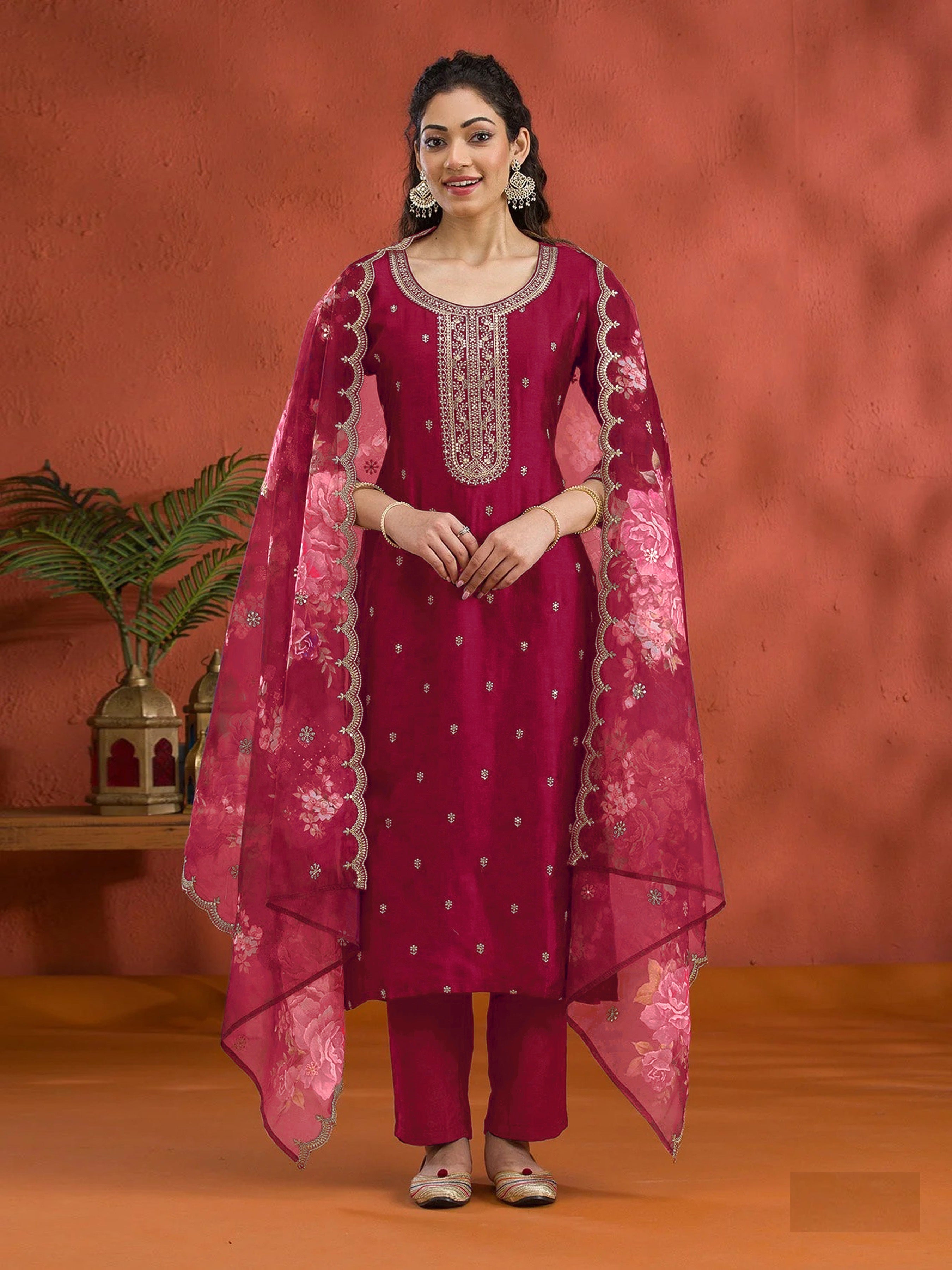 Red Heavy Designer Suit With Heavy Embroidery Work