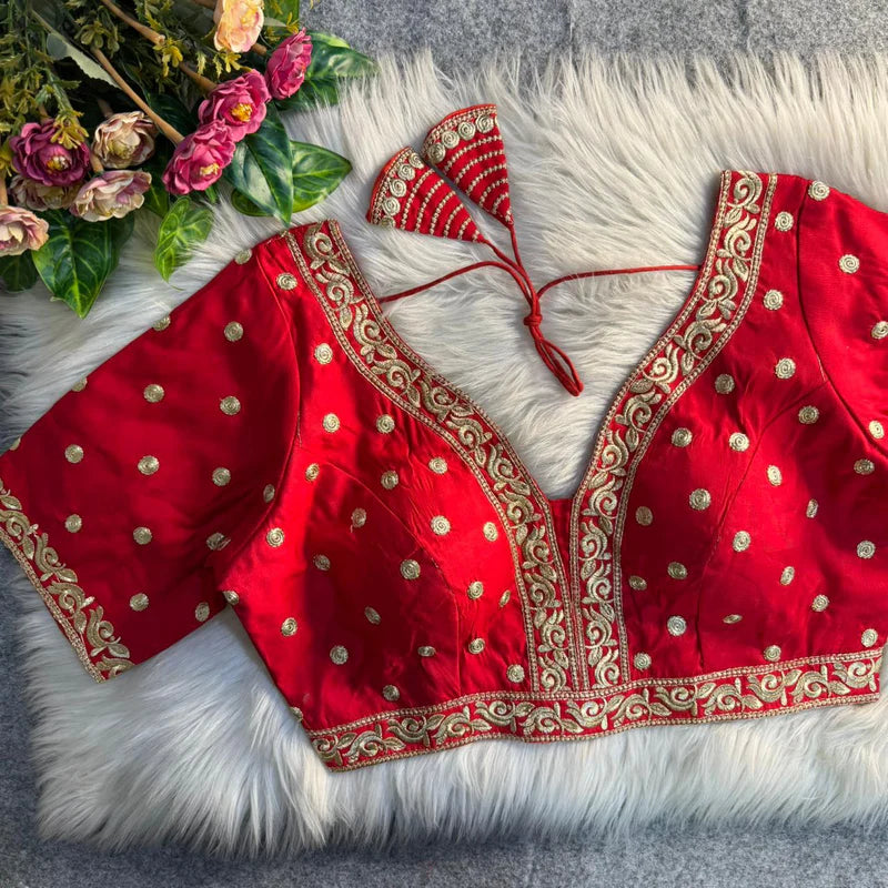 Red Heavy Embroidery Work Partywear Blouse in Roman Silk with Embroidery & Sequins