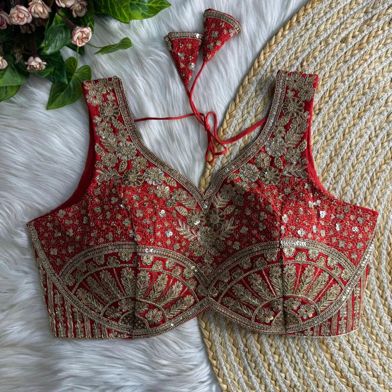 Red Jari & Sequins Work Bridal Blouse in Roman Silk with Embroidery