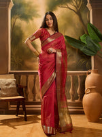 Red Khadi Organza Woven Jacquard Designer Ethnic Partywear Saree