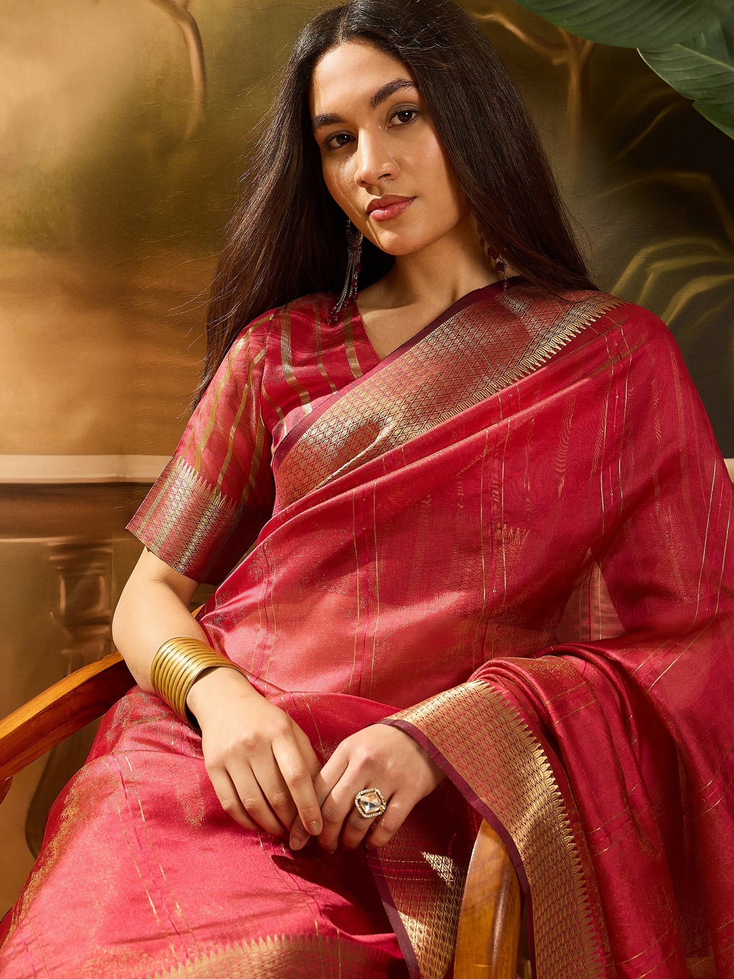 Red Khadi Organza Woven Jacquard Designer Ethnic Partywear Saree