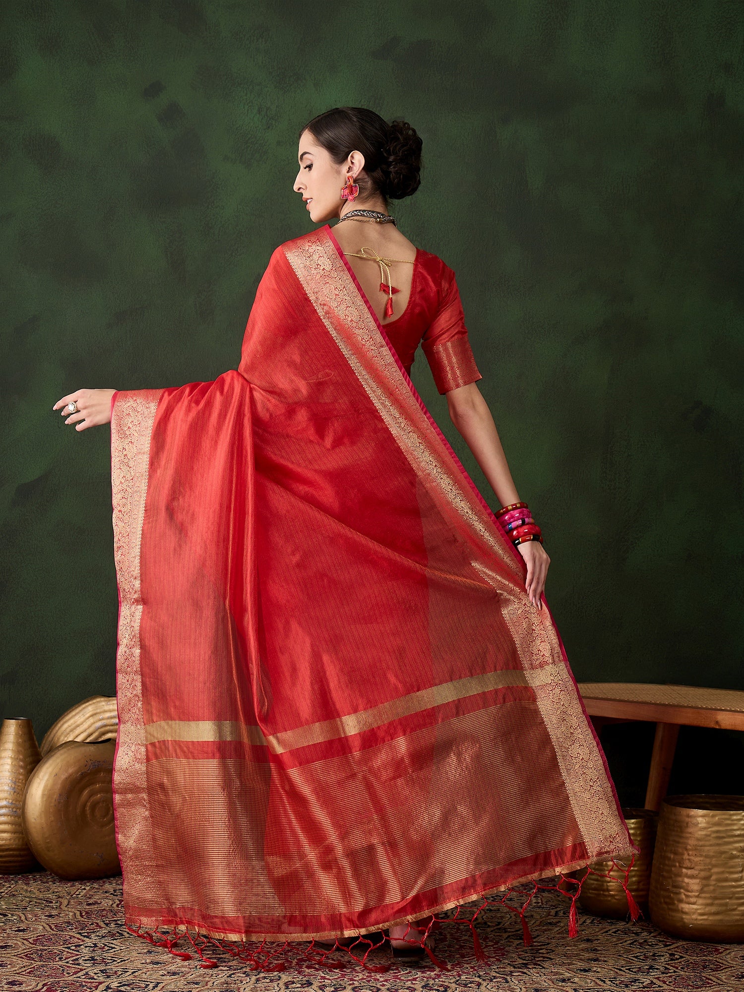 Red Khadi Organza Woven Jacquard Designer Traditional Festive Wear Saree