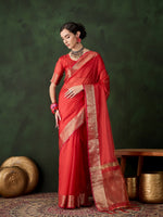 Red Khadi Organza Woven Jacquard Designer Traditional Festive Wear Saree