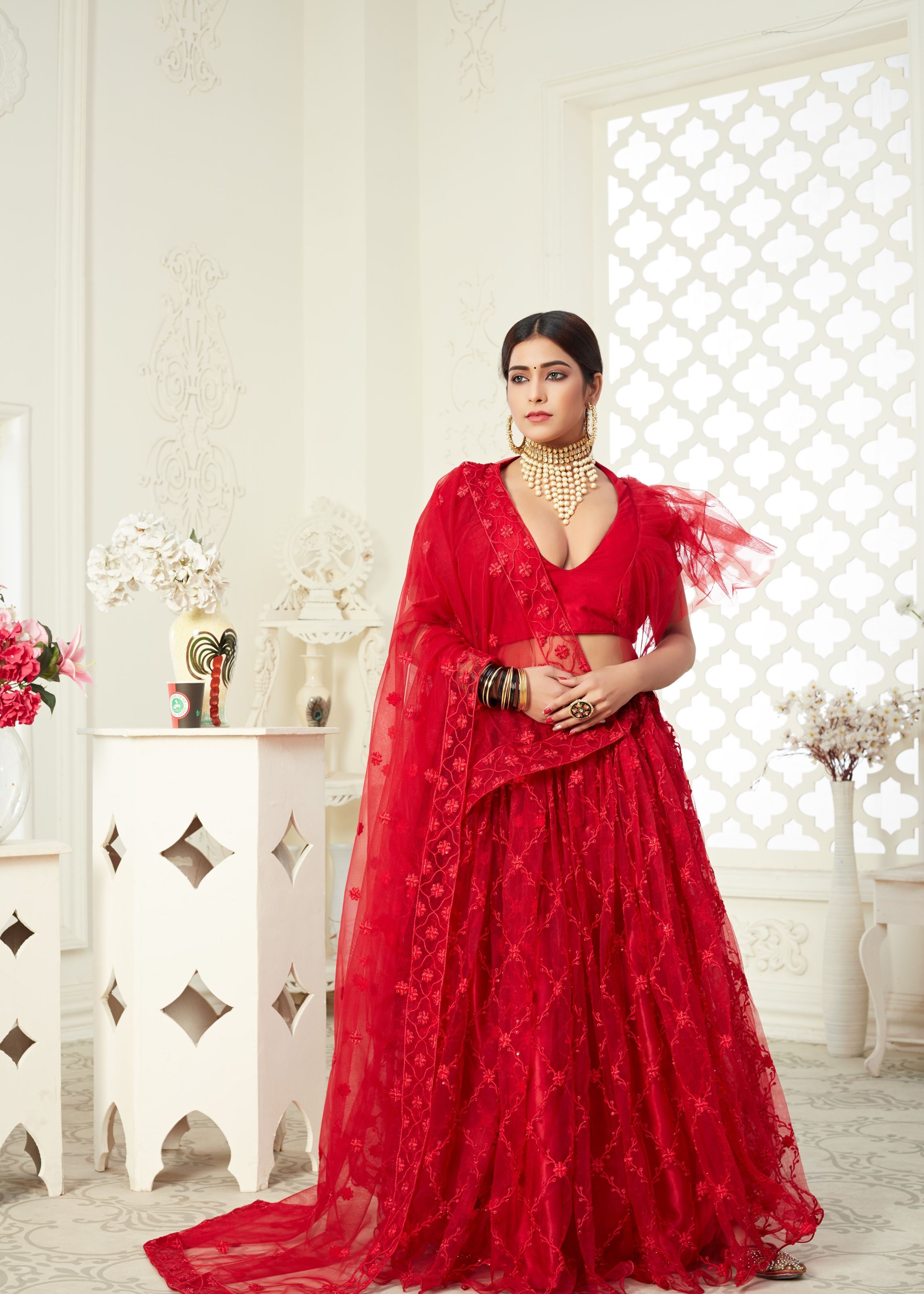 Red Lehenga Choli With Butterfly Net And Full Embroidery Work