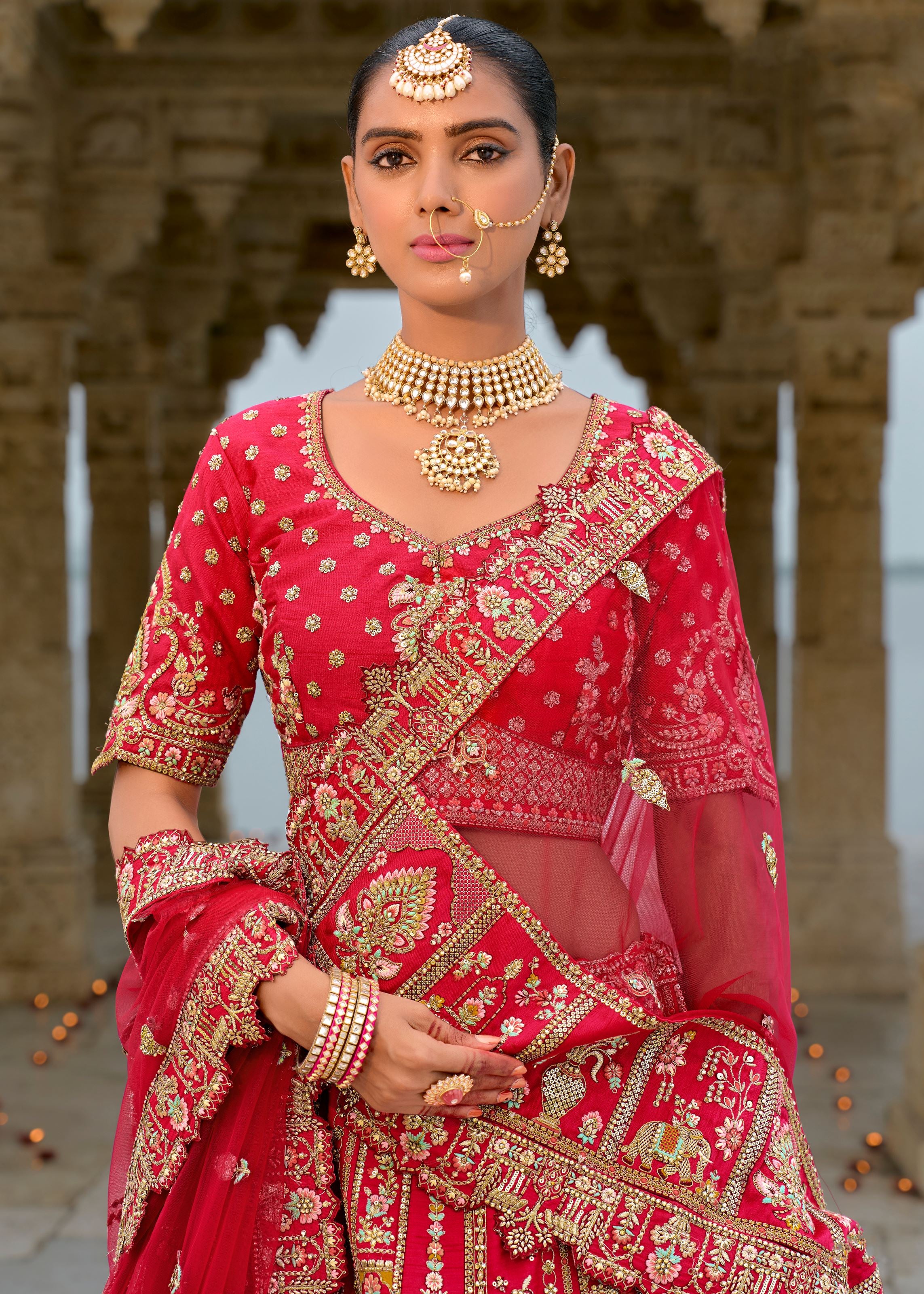 Red Lehenga Choli With Heavy Thread Embroidery, Zari With Sequins Work