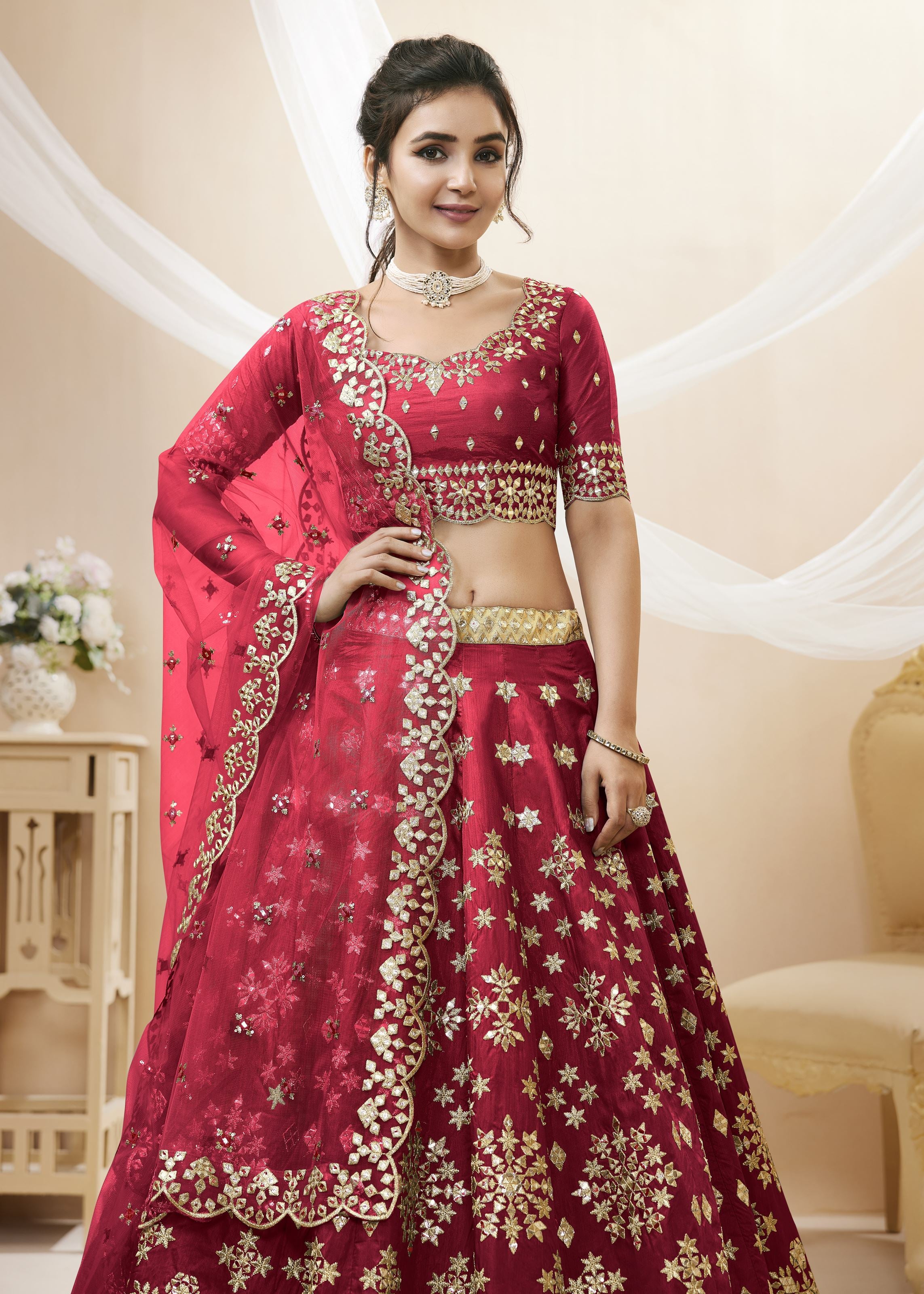 Red Lehenga Choli With Sequins, Foil & Zari Embroidered Work