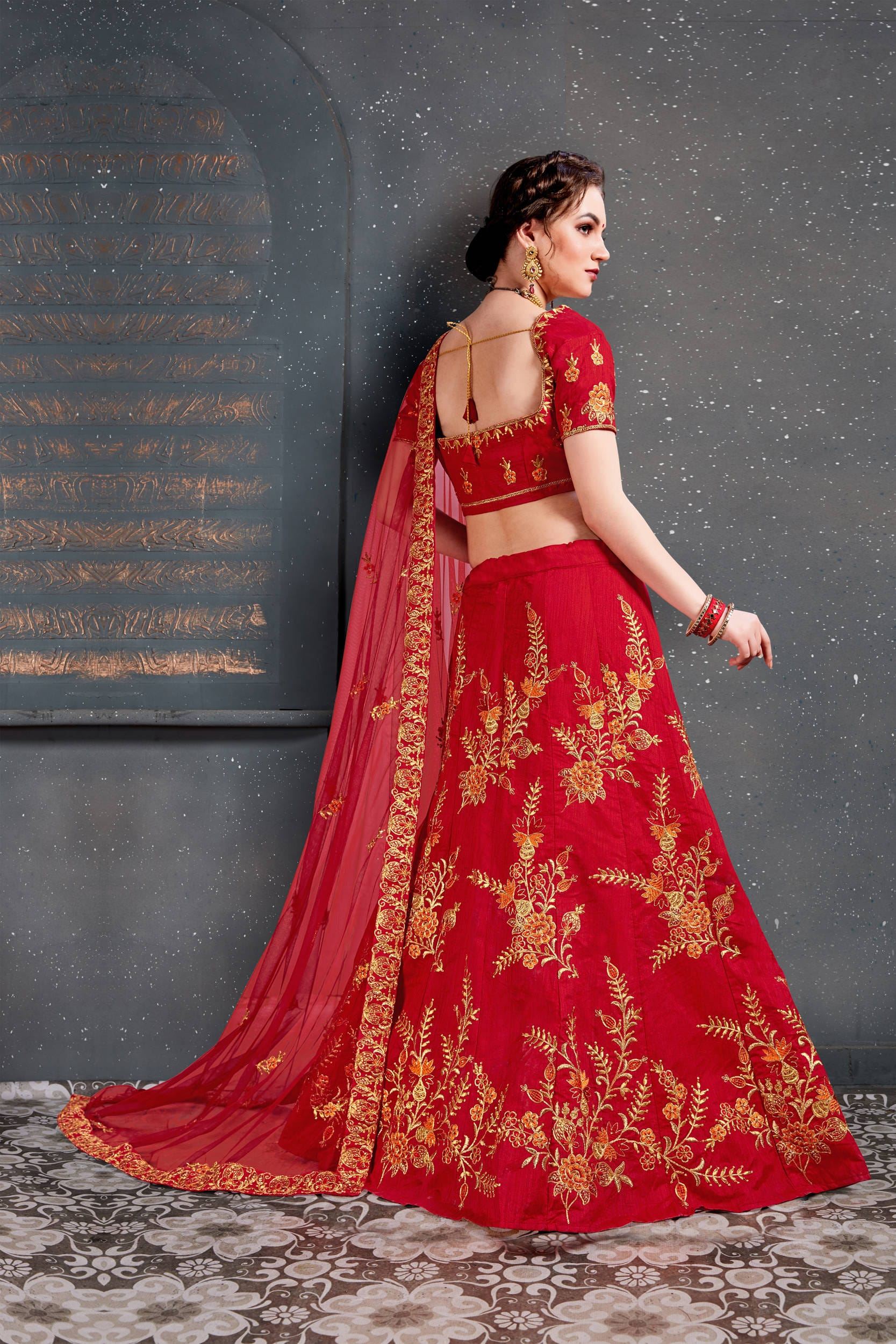 Red Lehenga Choli With Thread, Dori, Zari Embroidery With Diamond Work