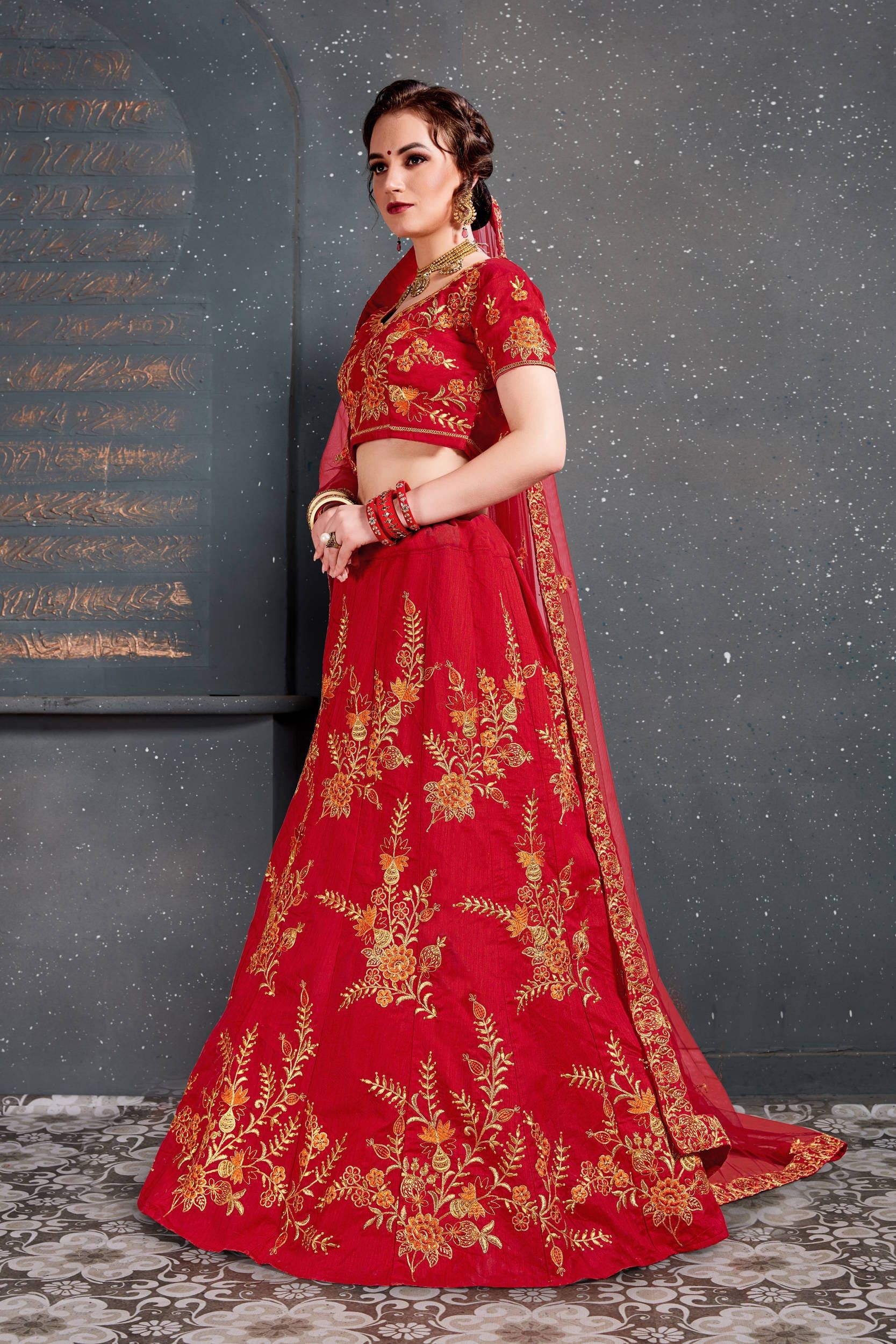 Red Lehenga Choli With Thread, Dori, Zari Embroidery With Diamond Work