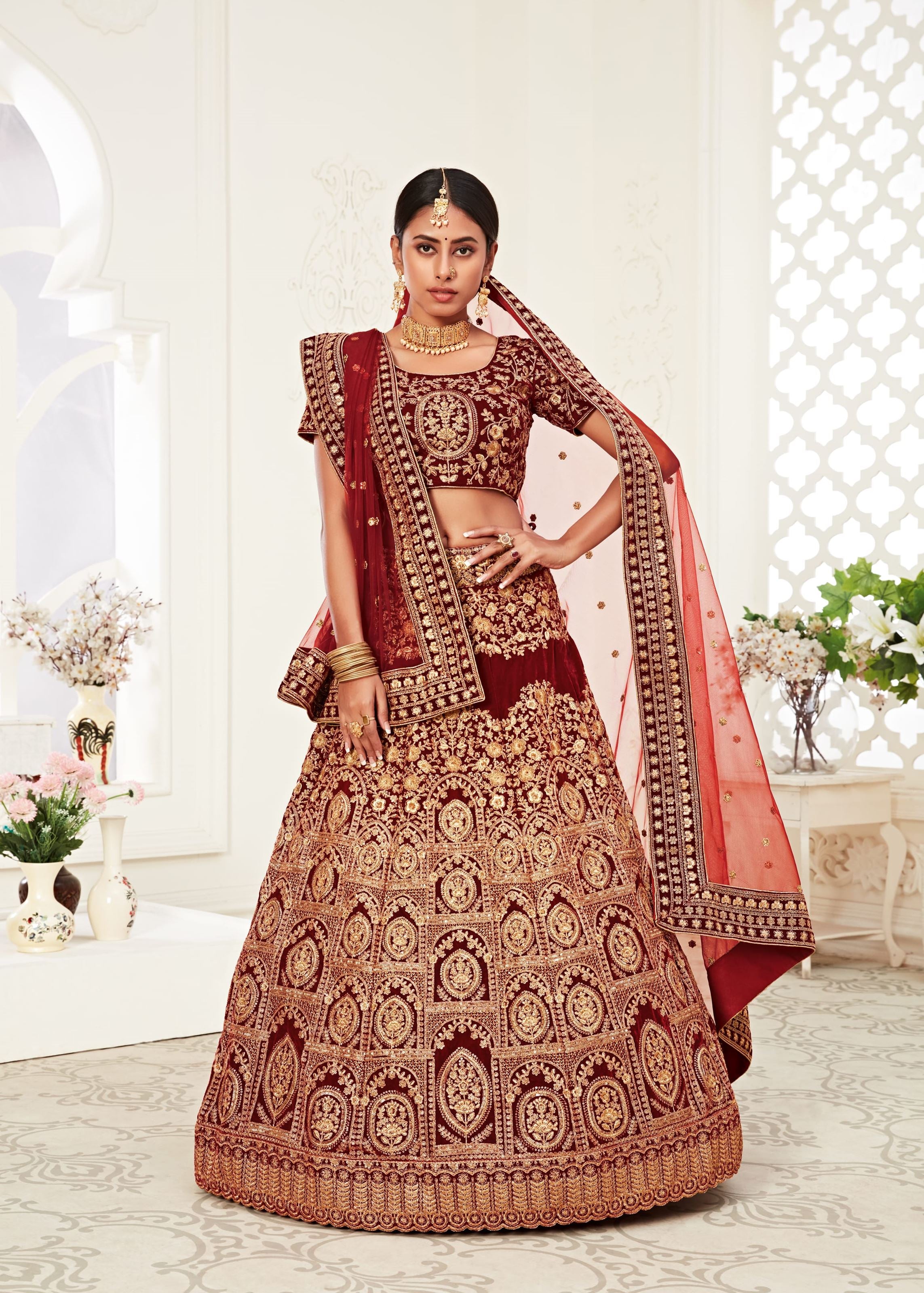Red Lehenga Choli With Thread, Zari, Dori And Sequins Embroidery Work