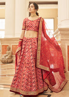 Red Lehenga Choli With Thread, Zari, Dori And Sequins Embroidery Work